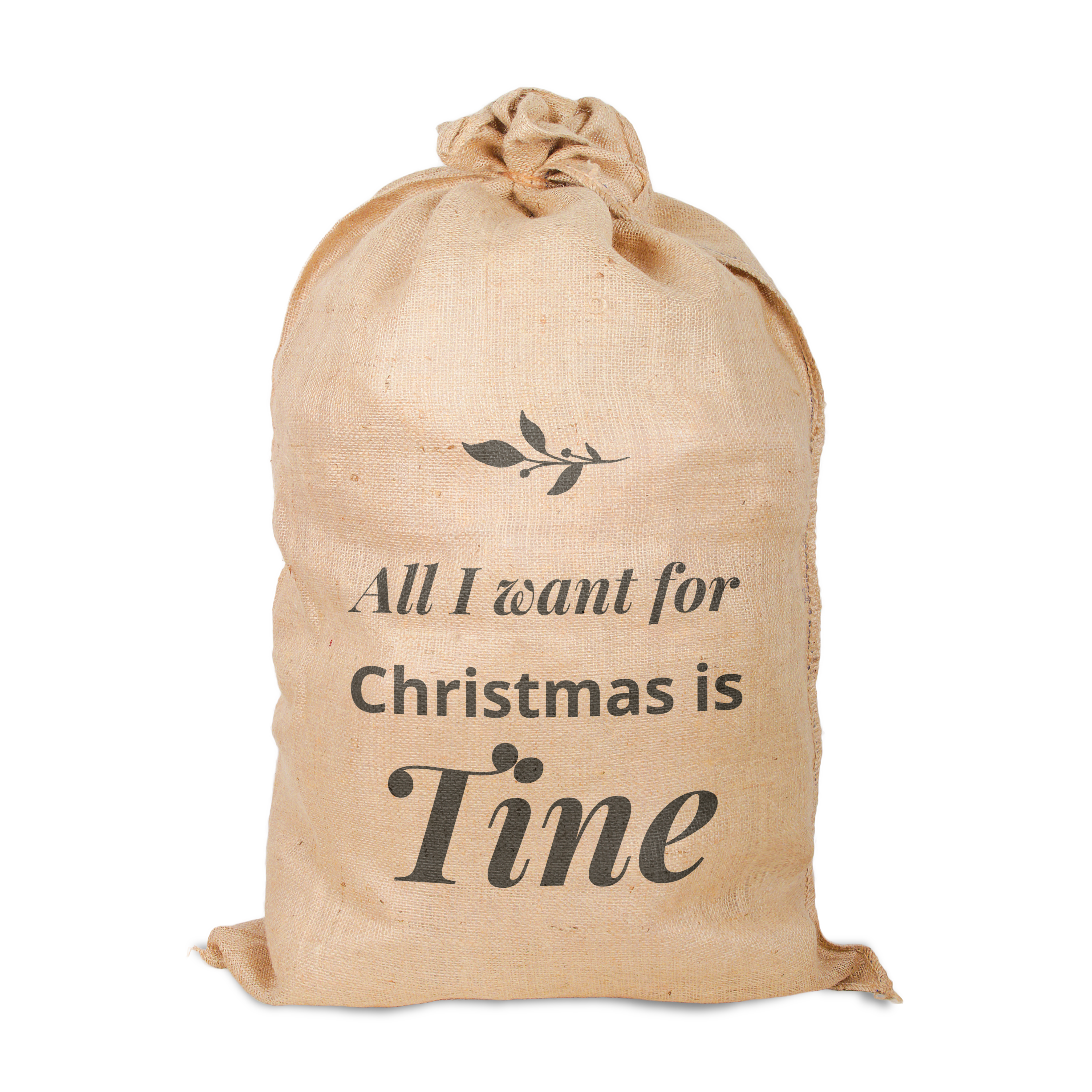 Jute julesæk trykt med navn All I want for Christmas is Tine og et julemotiv, til julegave.