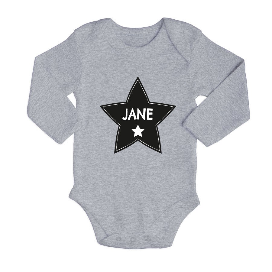 Personalised baby romper - Long sleeves - Grey - 50/56