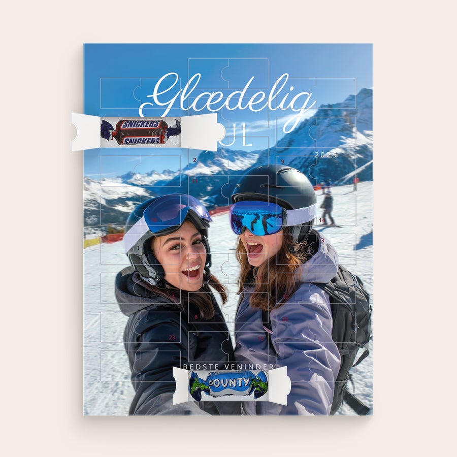 Personlig Mars Miniatures adventskalender Personlig Mars-miniature-adventskalender 2025 med foto, teksten Glædelig jul og Bedste veninder