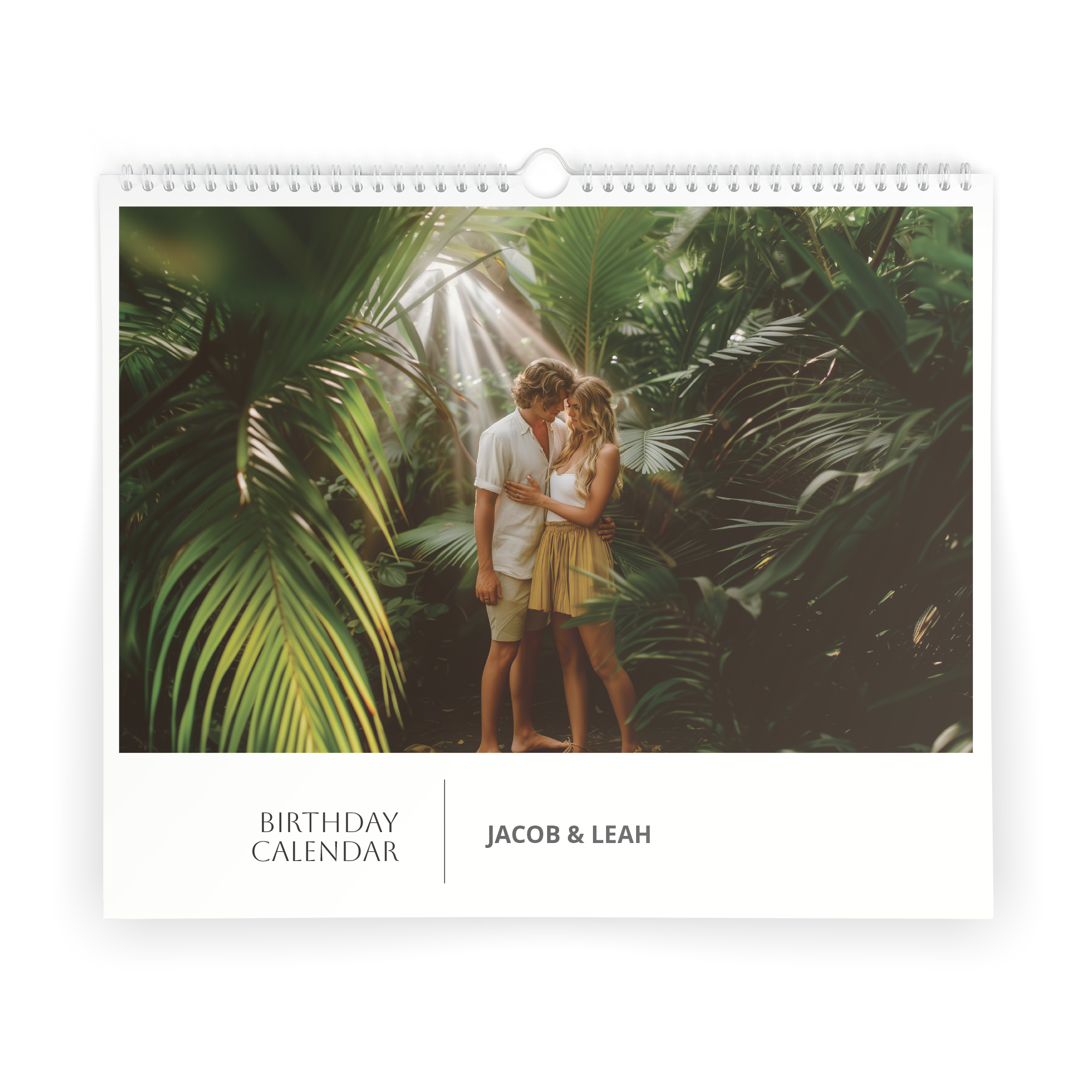 Personalized birthday calendar printed with a photo of a couple and names Jacob & Leah
