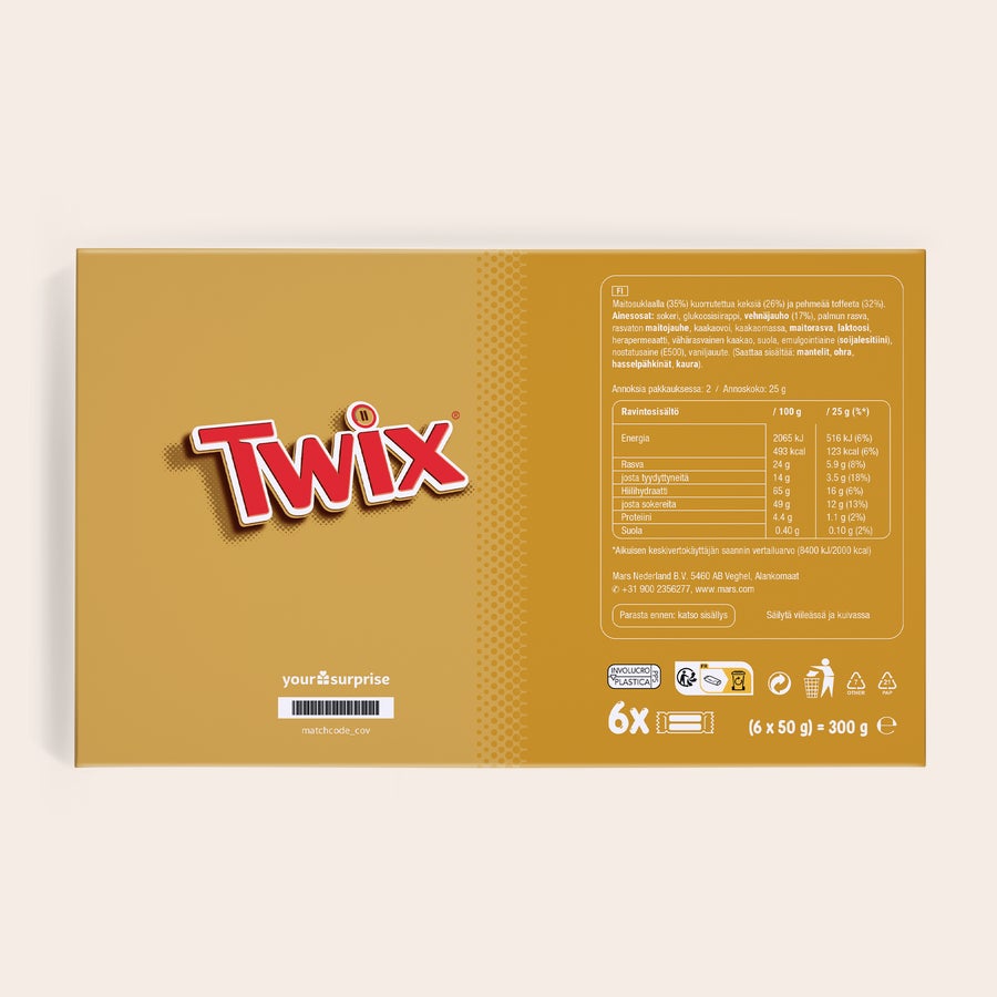 Henkilökohtainen Twix suklaapatukka Henkilökohtainen Twix-lahjalaatikko, jossa on Twix-logo ja tuotetiedot, valmis personoitavaksi kuvalla ja tekstillä.