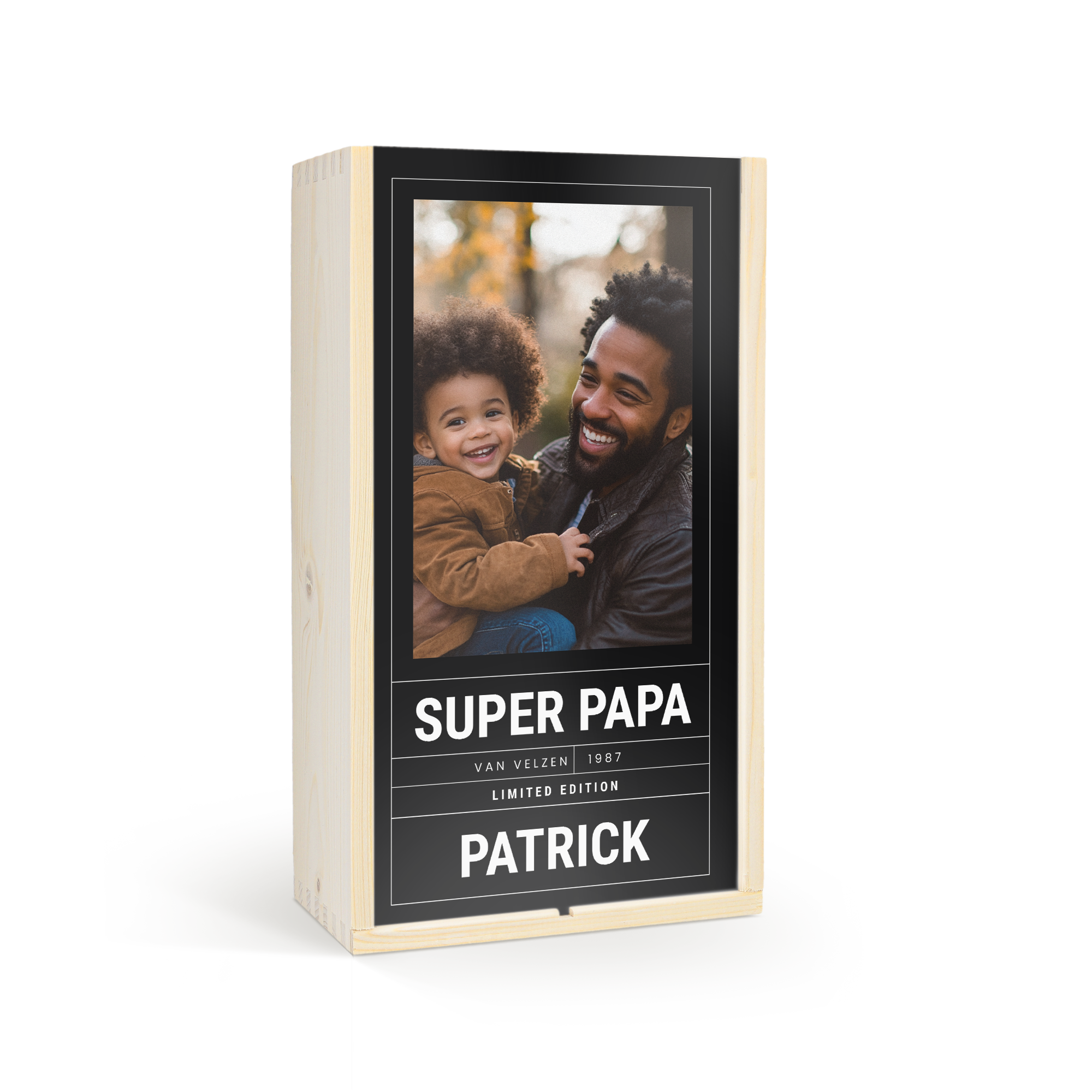 Luxe Westmalle bierpakket in bedrukte houten kist met persoonlijke foto, de naam Patrick en tekst Super Papa
