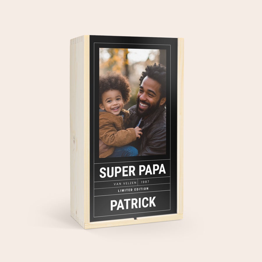 Vaderdag bierpakket   - Westmalle Luxe Westmalle bierpakket in bedrukte houten kist met persoonlijke foto, de naam Patrick en tekst Super Papa