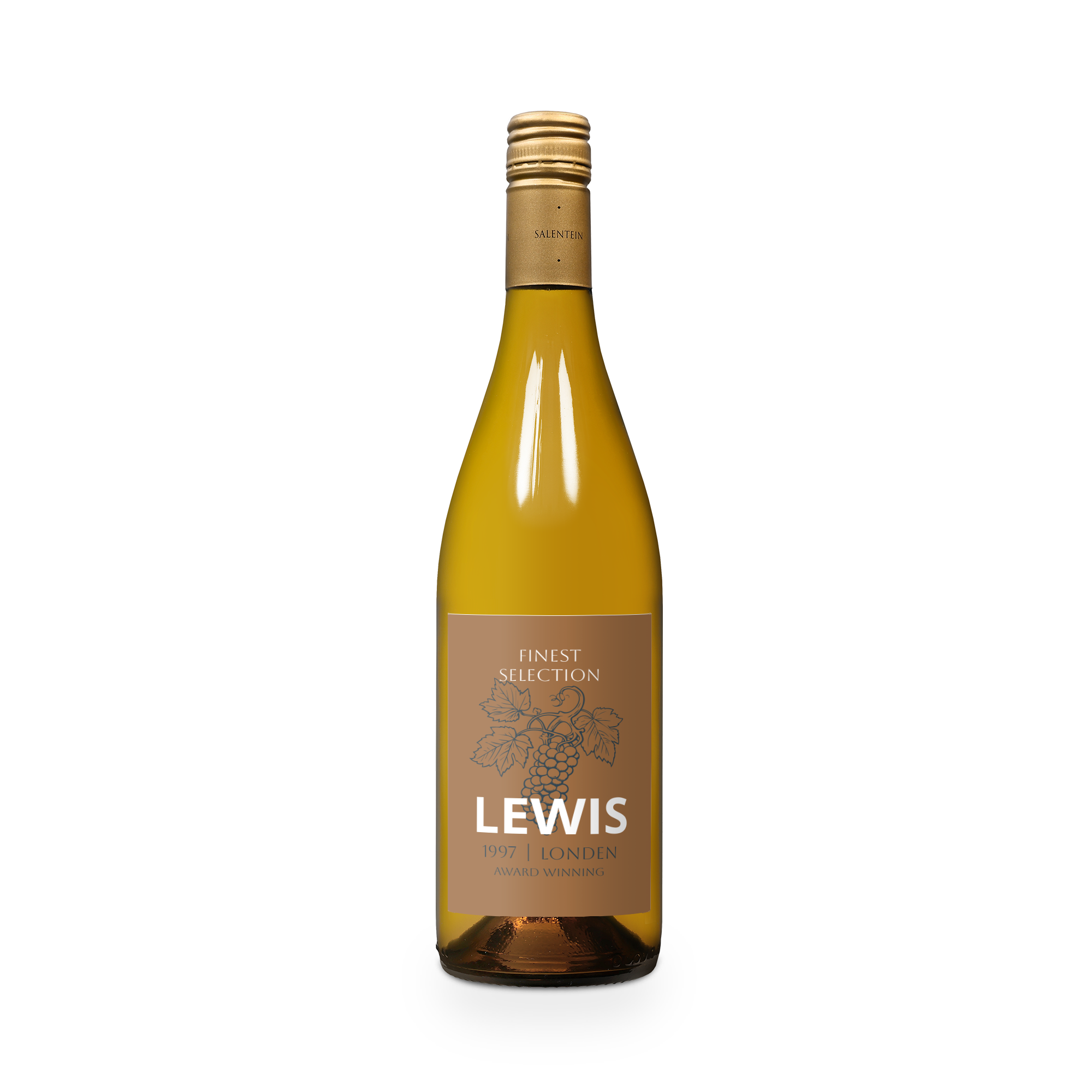 Butelka wina Salentein Chardonnay z etykietą tekstową "Lewis 1997 Londen Award Winning" z personalizacją