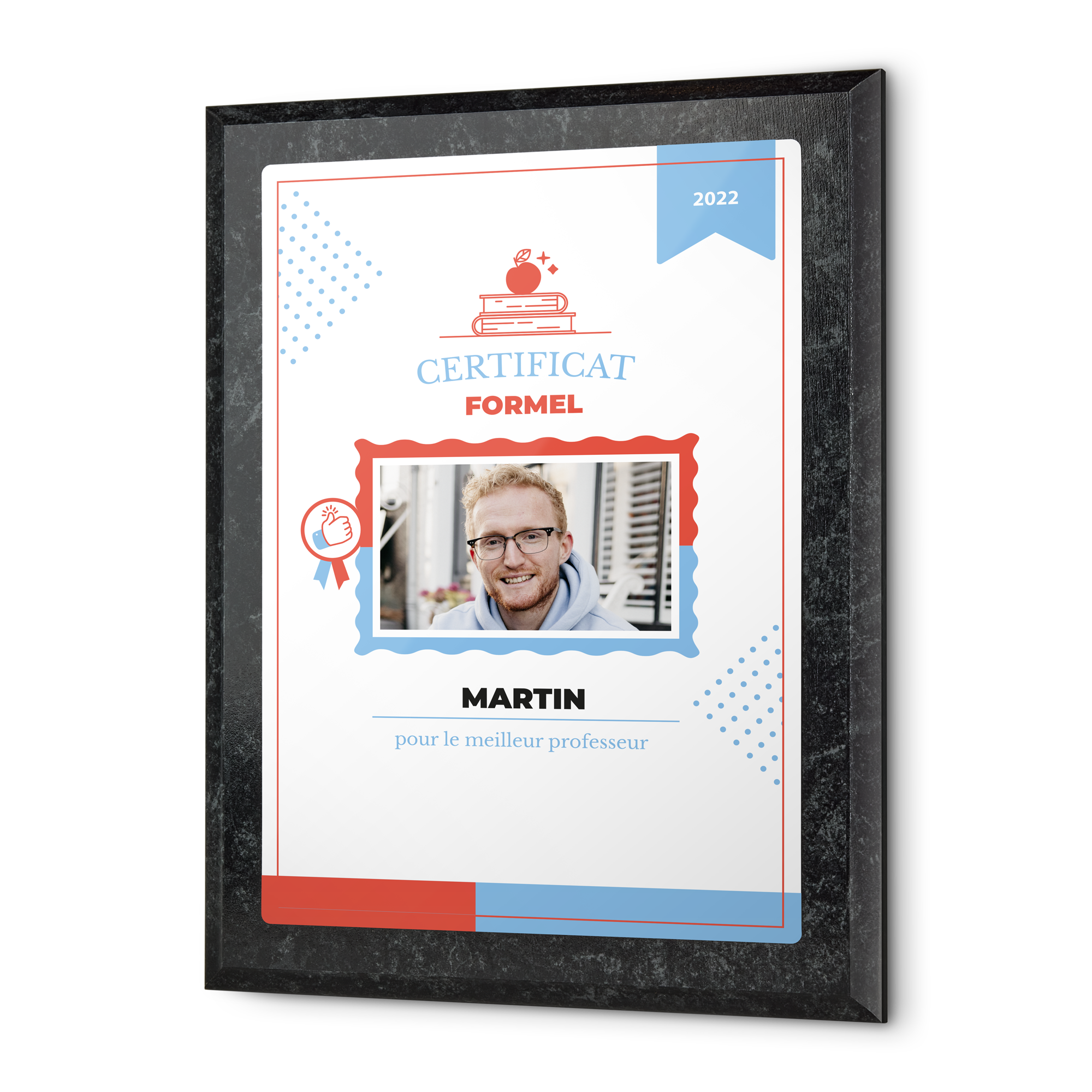 Diplôme en bois personnalisé pour le maître avec une photo et le nom Martin pour remercier la maîtresse ou le maître