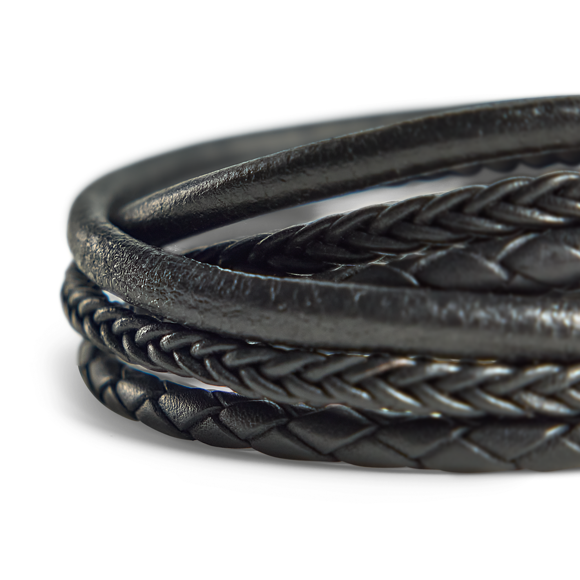 Black double braided leather bracelet for men, personalized with an engraved clasp