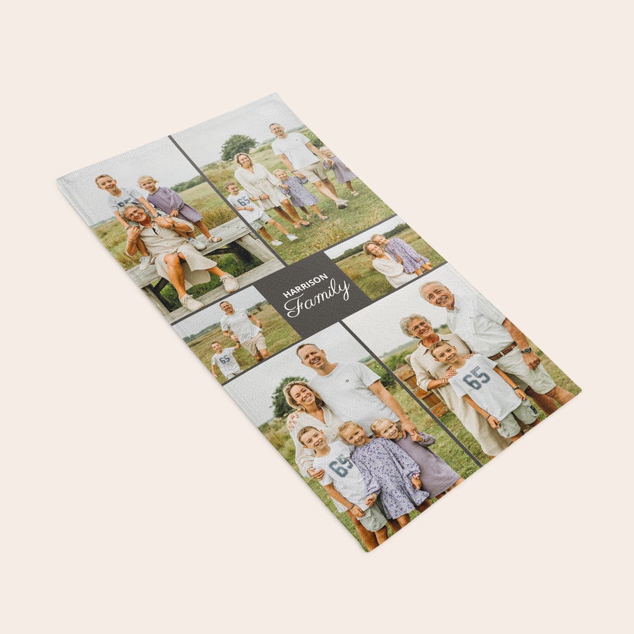 Personalizirana brisača Osebna brisača s potiskanimi družinskimi fotografijami in napisom Harrison Family, presenetite svoje najdražje!