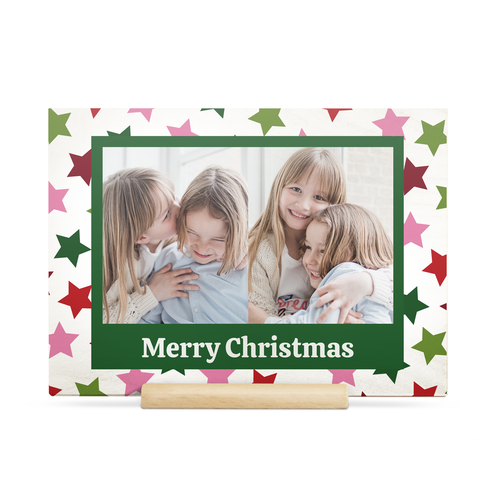 Zaprojektuj wyjątkową drewnianą kartkę bożonarodzeniową z własnym zdjęciem rodziny i tekstem "Merry Christmas" na stojaku