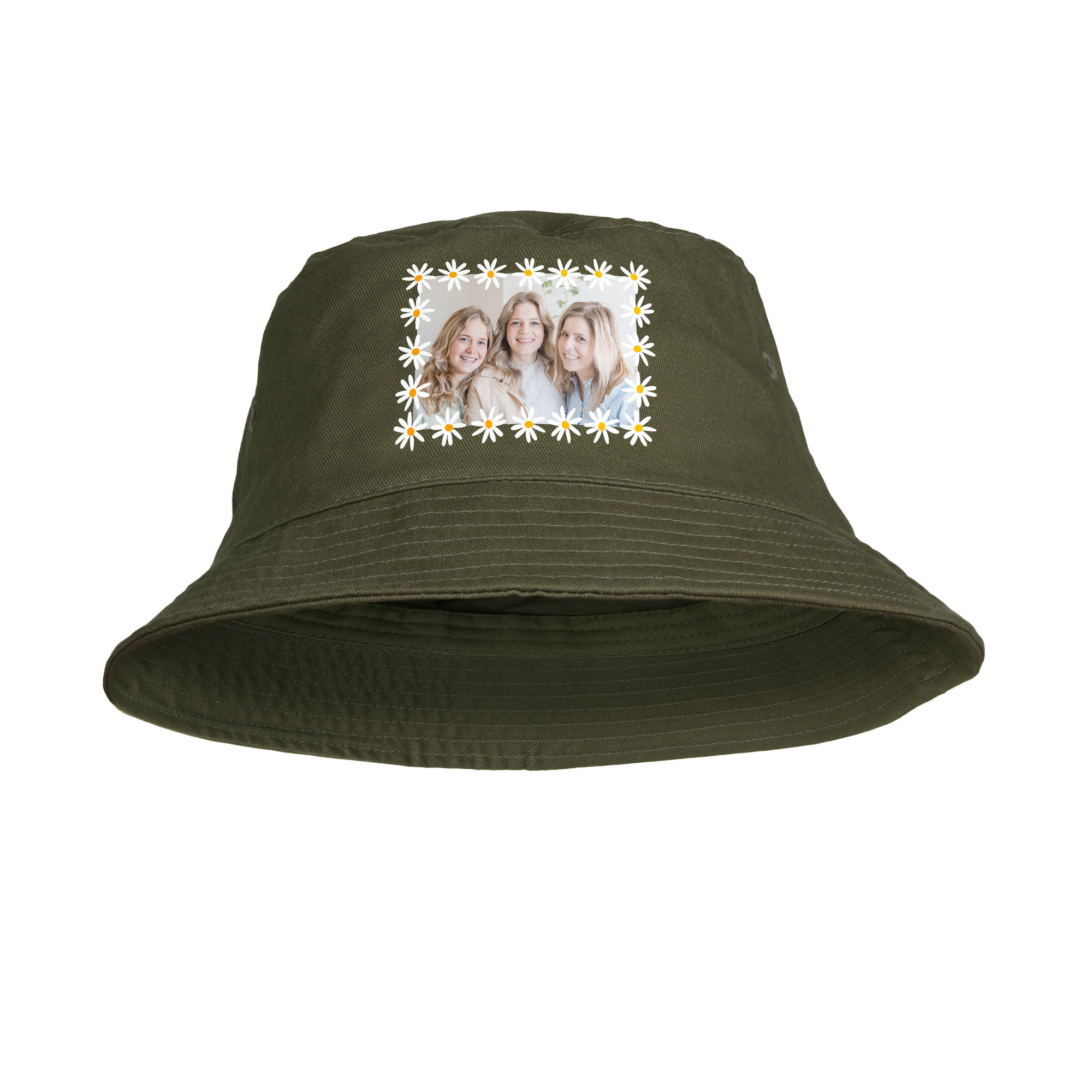 Zielony kapelusz typu Bucket z nadrukowanym zdjęciem trzech kobiet otoczonym stokrotkami, personalizowany kapelusz typu Bucket