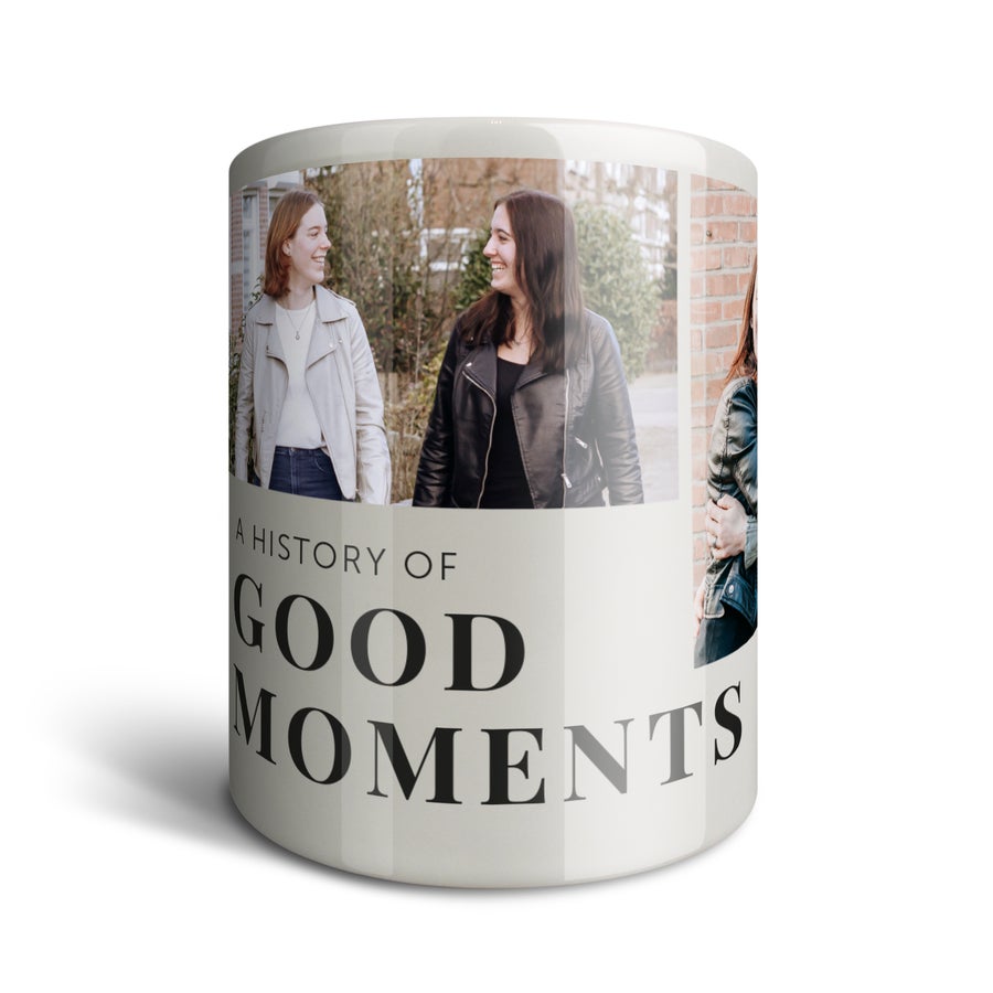 Personalised money box A personalised money box with a printed photo of two smiling women and the text "A HISTORY OF GOOD MOMENTS".