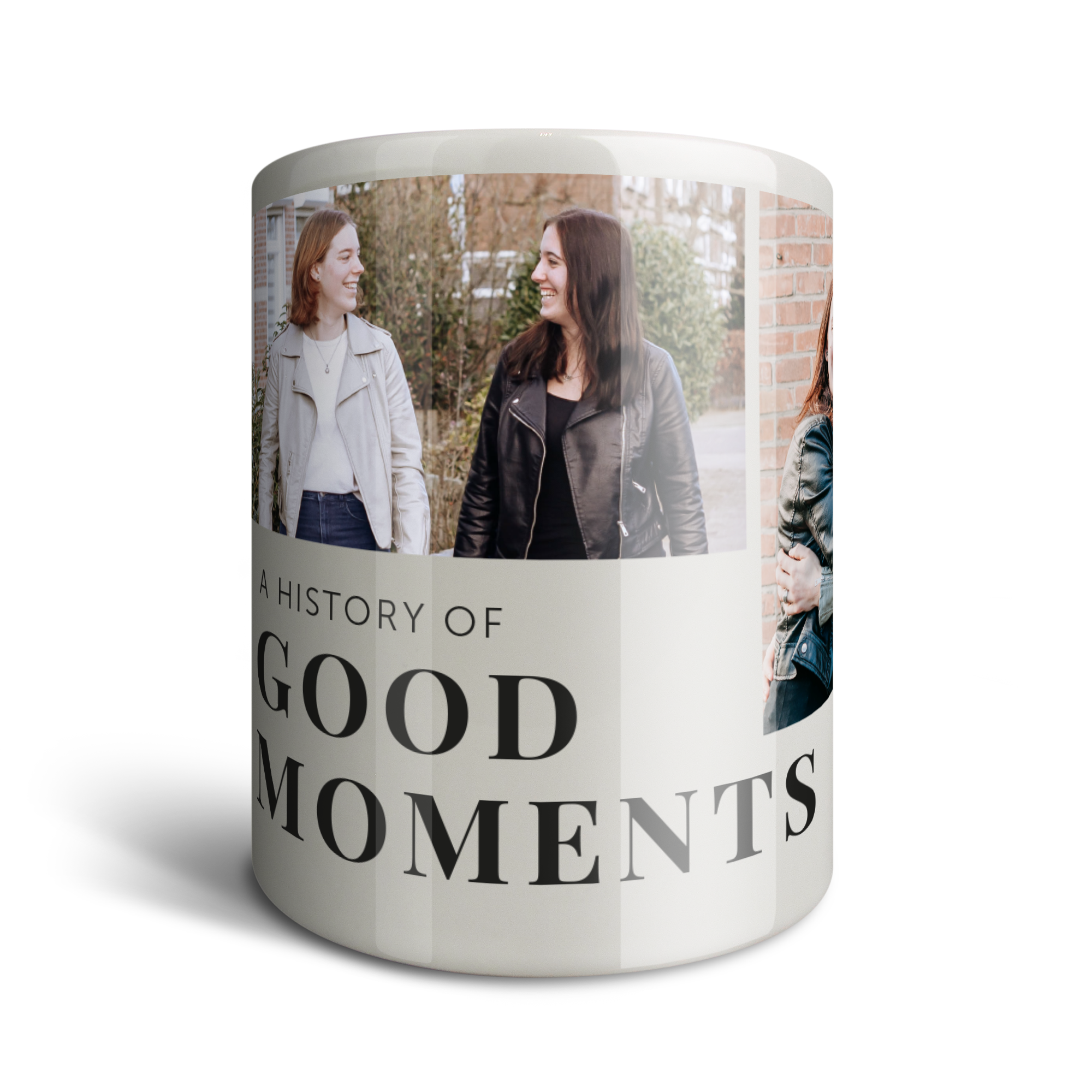 Cutie de bani personalizată cu o fotografie imprimată a două femei zâmbitoare și textul A HISTORY OF GOOD MOMENTS