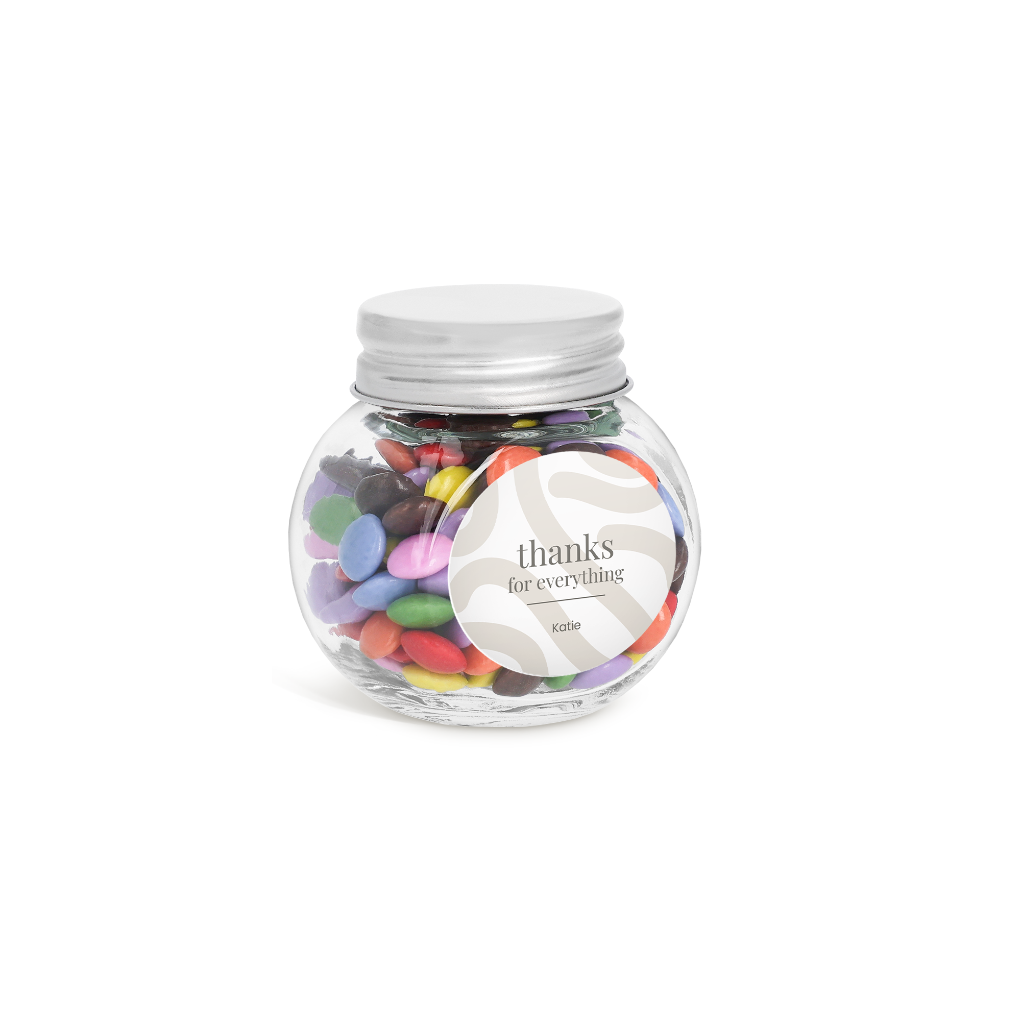 Mini caixa de doces de vidro com chocolates coloridos e adesivo personalizado com texto thanks for everything Katie