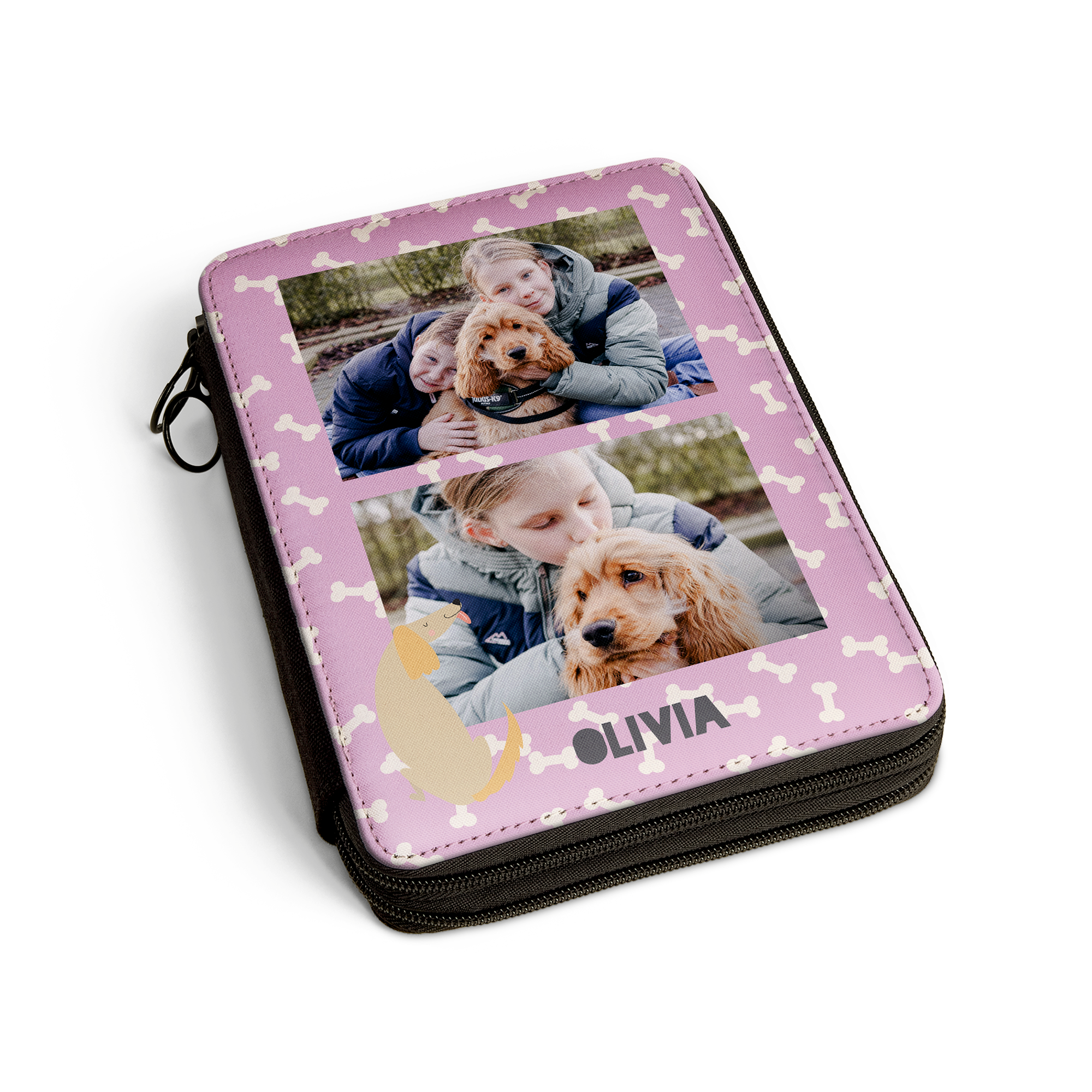 Trusă de desen personalizată mov, cu fermoar, imprimată cu fotografii și numele Olivia, decorată cu model cu osulețe și un cățeluș desenat.