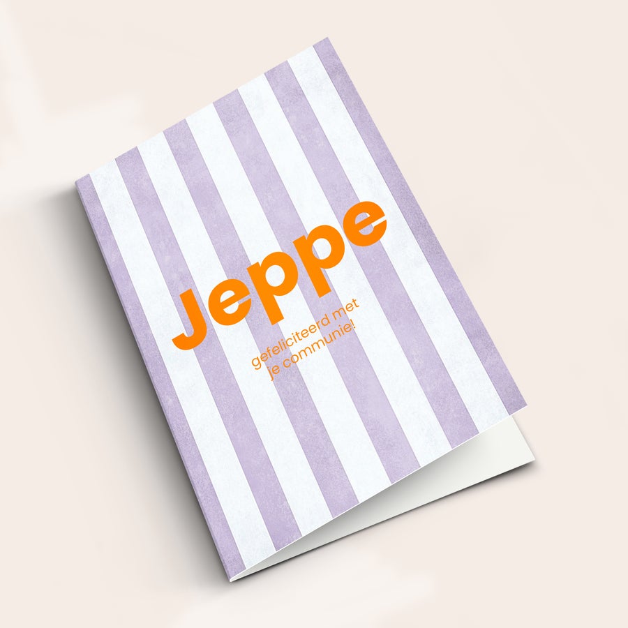 Communiekaart met foto Wenskaart met paarse strepen, gepersonaliseerd met de naam Jeppe en de tekst gefeliciteerd met je communie!