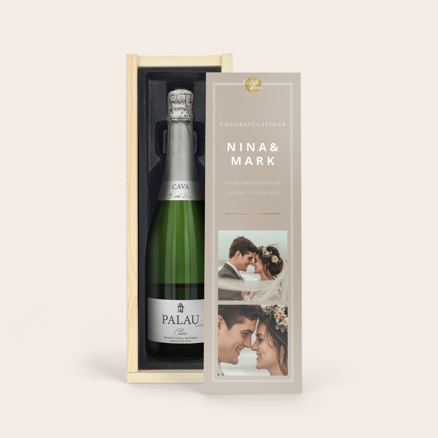 Cava in personalised wooden case - Palau Semi-Seco (750ml) Palau Semi-Seco cava in a wooden case, printed with "Congratulations Nina & Mark" and photos of a couple.