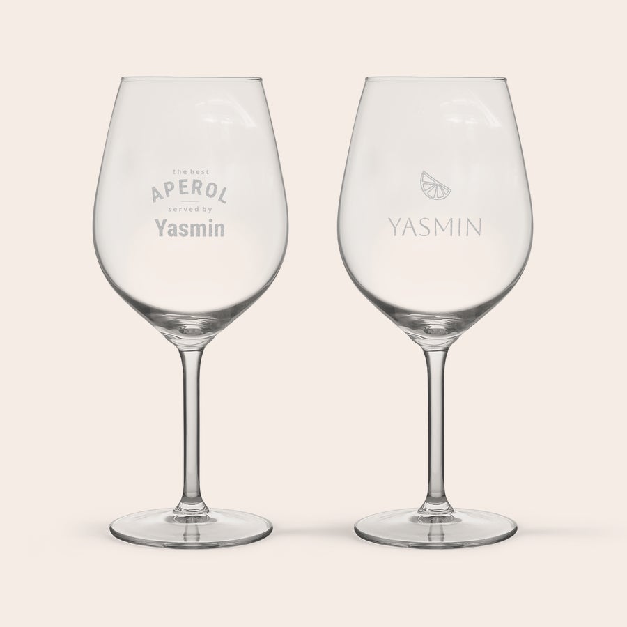 Copa de Spritz Personalizada Juego de 2 copas de Aperol Spritz personalizadas, grabadas con el nombre de Yasmin y un diseño de cítricos