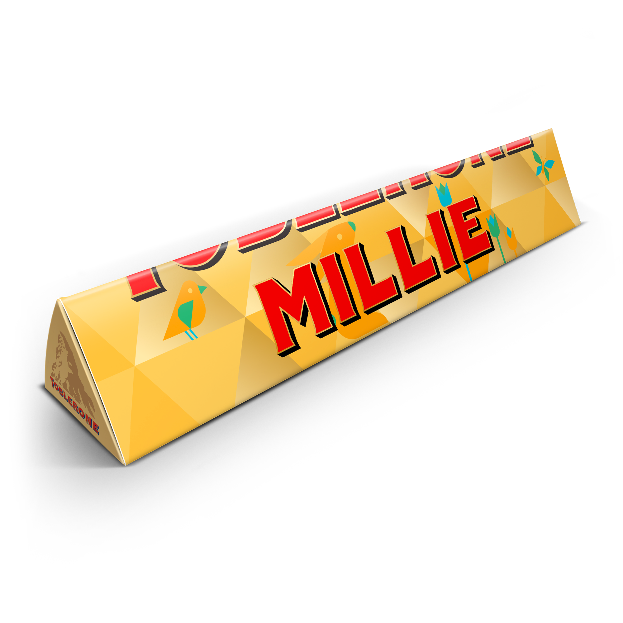 Velikonoční Toblerone čokoláda se jménem "MILLIE" a motivem zajíčka s ptáčky, potištěná na obalu.