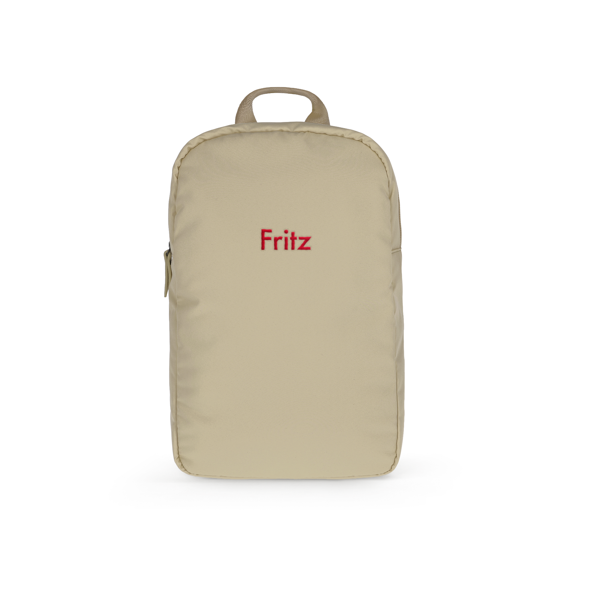 Personalisierter Puffer Rucksack für Kinder in Taupe, mit dem Namen Fritz in Rot bestickt.