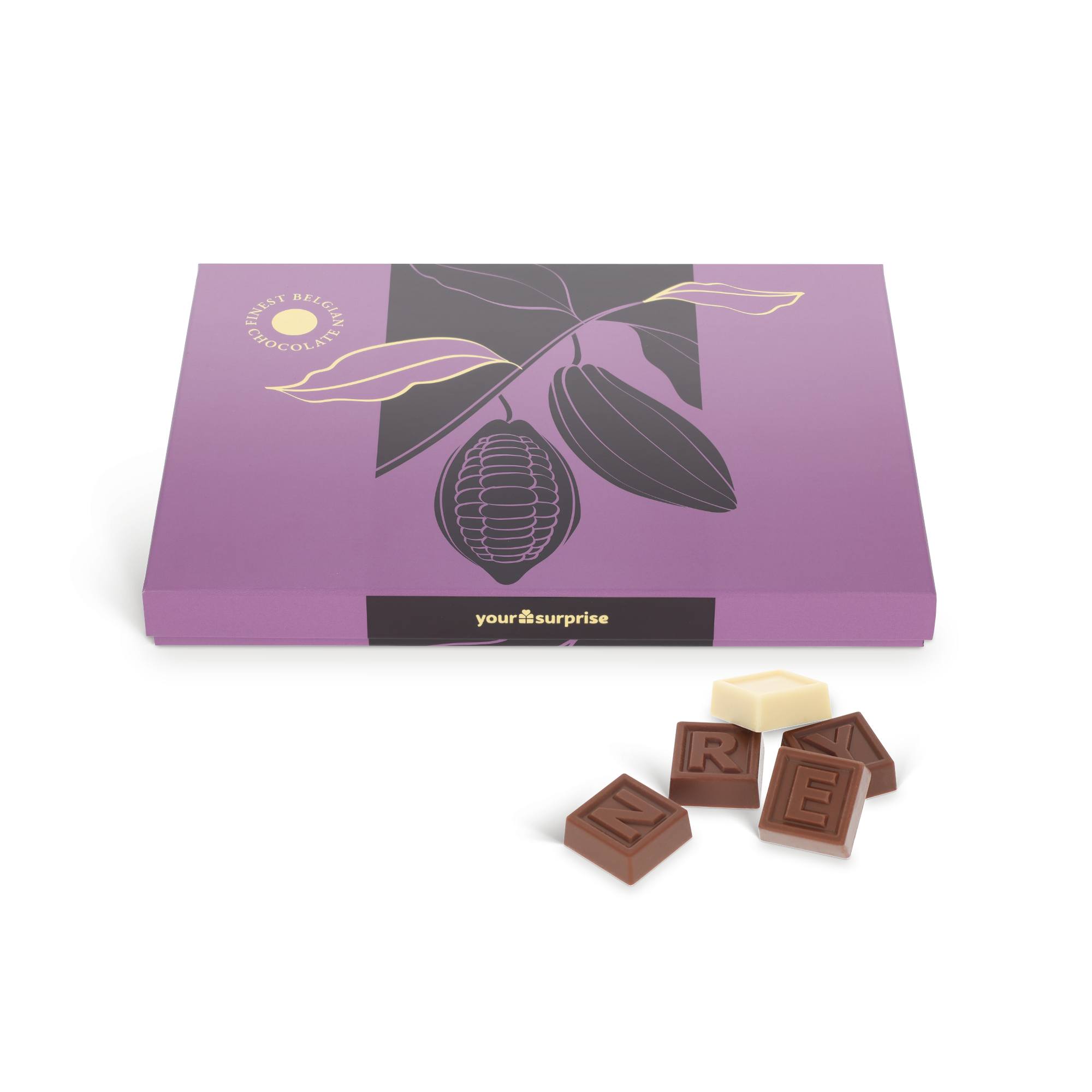 Caja lila con dibujo de cacao y bombones de chocolate con letras que forman tu telegrama de chocolate personalizado