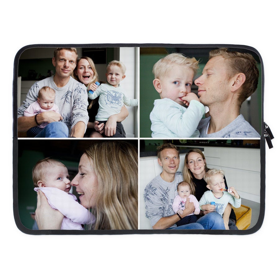 Personlig bærbar ermet trykt med et collage av familiefotoer.