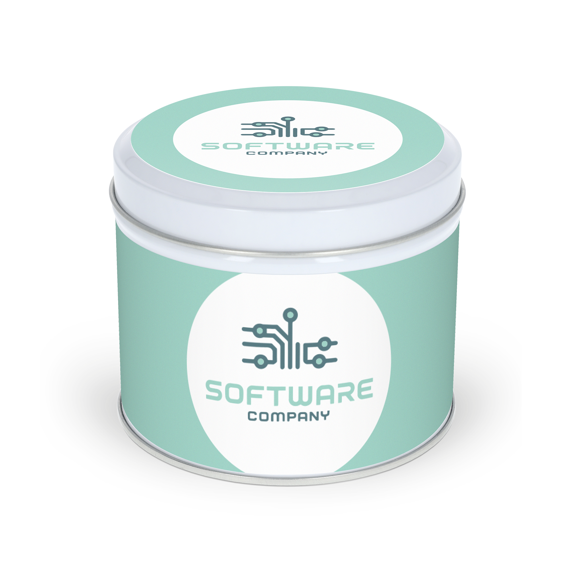 Stroopwafels in gepersonaliseerd blik - Rond, met mintgroen design en 'SOFTWARE COMPANY' logo op de zijkant en deksel gedrukt.