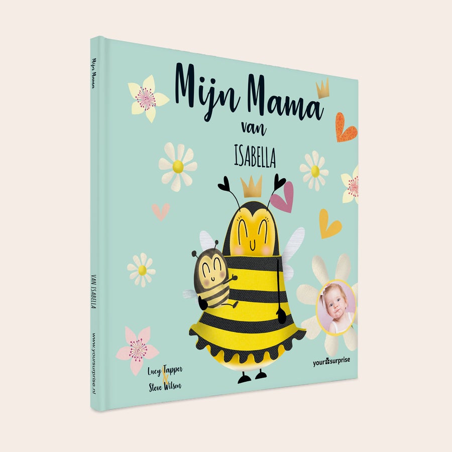 Onze mama - Boek voor mama Gepersonaliseerd kinderboek Mijn Mama van Isabella met foto van een lachend kindje, en bijenillustratie.