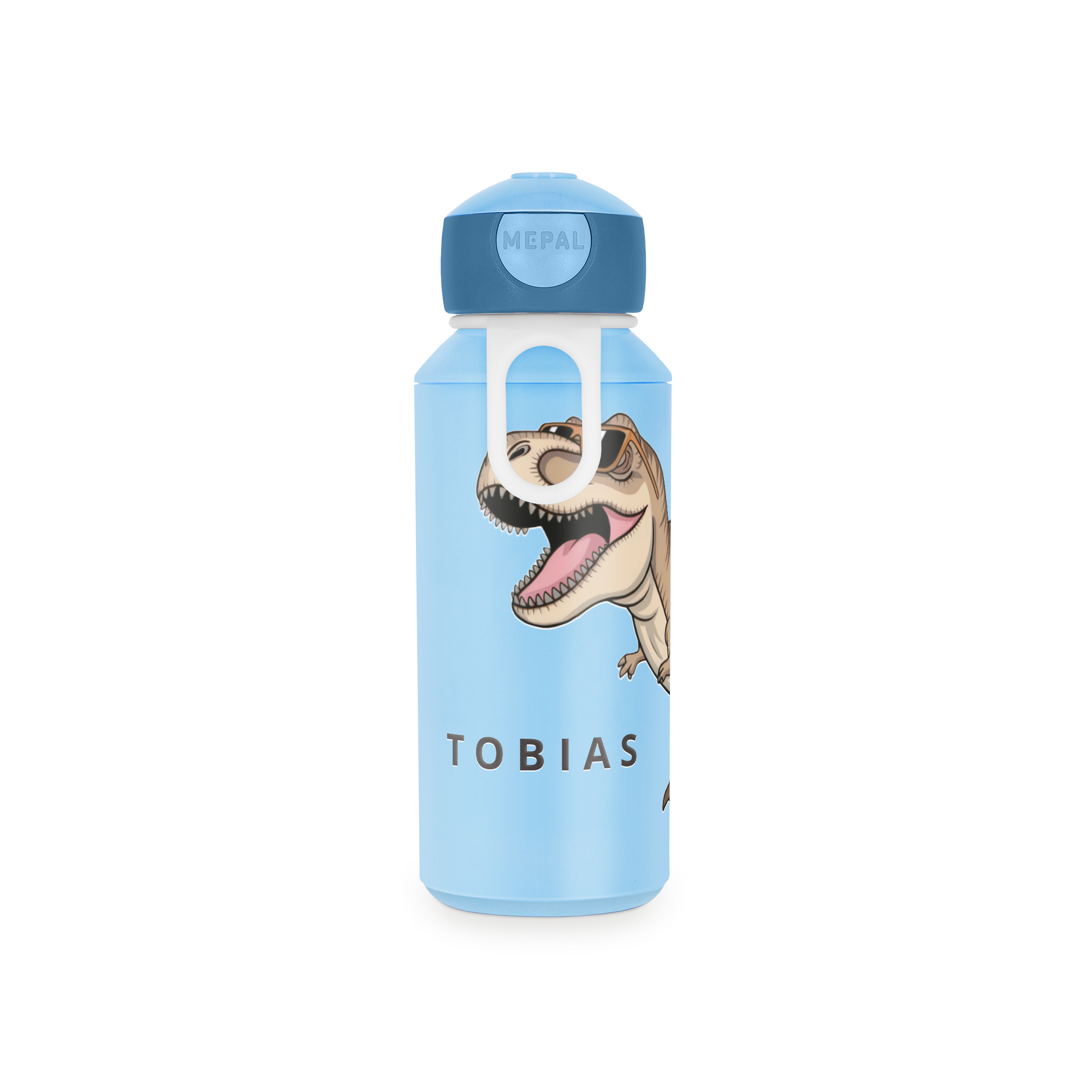 Hellblaue Mepal Trinkflasche mit Dinosaurier Motiv und dem per Farbdruck personalisierten Namen Tobias. Ihr Name auf der Flasche.