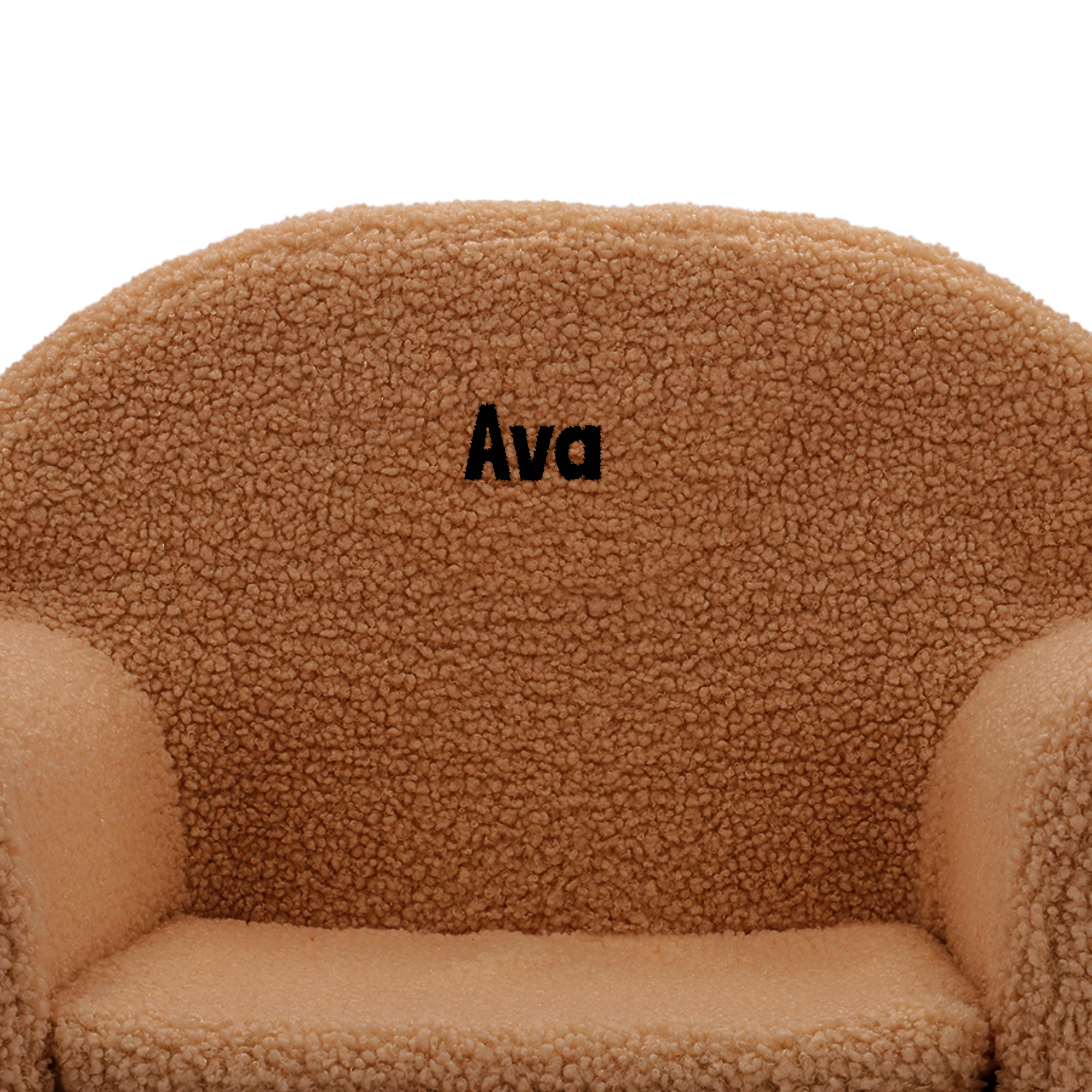 Personalised Kids Teddy Chair in brown with the name Ava embroidered in black on the backrest