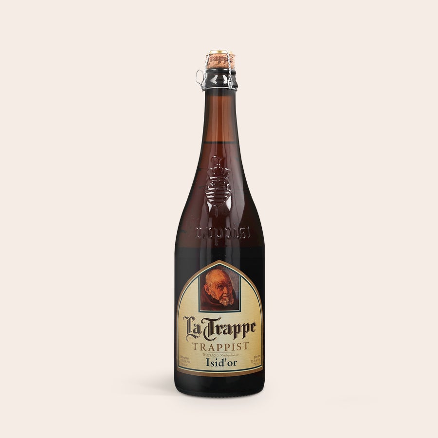 La Trappe Isid'or Bere La Trappe Trappist Isid'or personalizată, cu etichetă ce conține portret și detalii despre bere.
