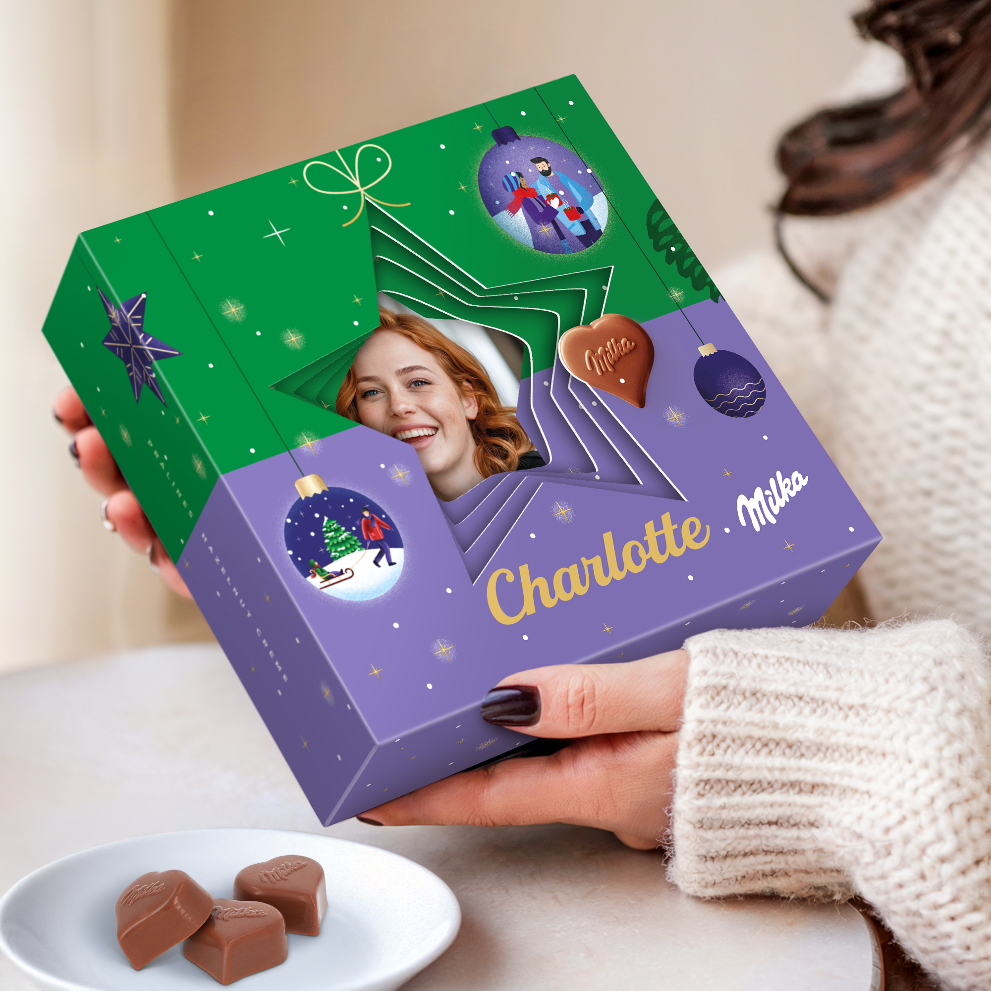 Milka hjerter i personaliseret 3D gaveæske - Jul