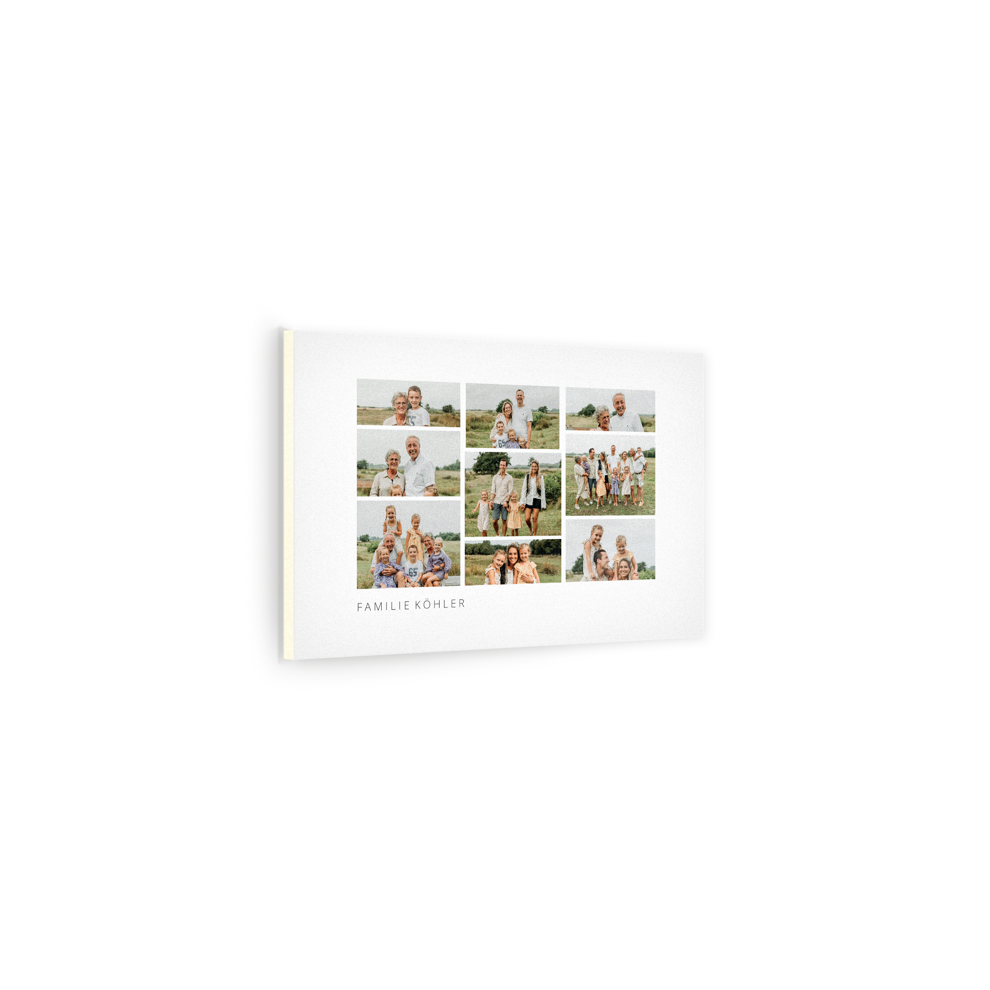 Forex-Platte mit einem Foto-Collage, bedruckt mit neun Familienfotos und dem Text "Familie Köhler".