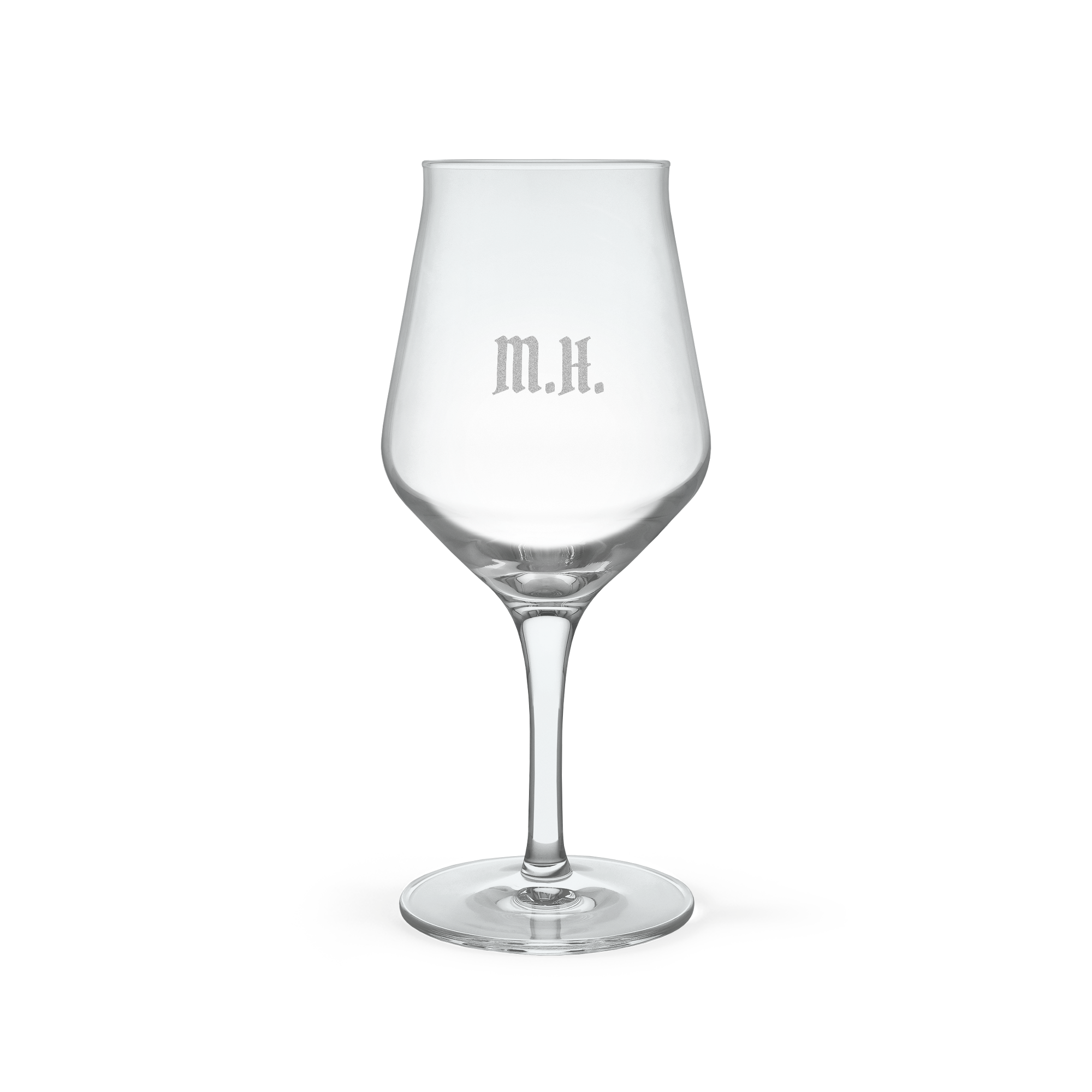 Gepersonaliseerd bierglas met M.H. initialen, lasergegraveerd voor een uniek biercadeau.
