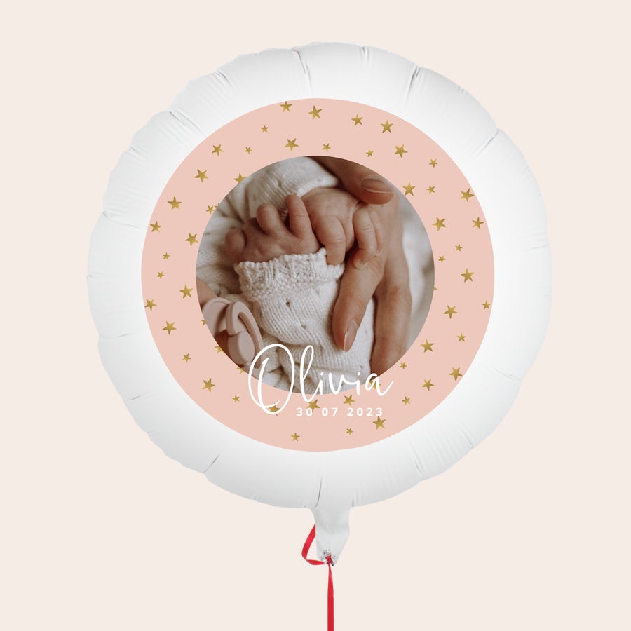 Palloncino personalizzato Palloncino bianco personalizzato con foto di mani di neonato nome Olivia e data 30 07 2023 Questo palloncino con foto ti farà sentire subito allegro