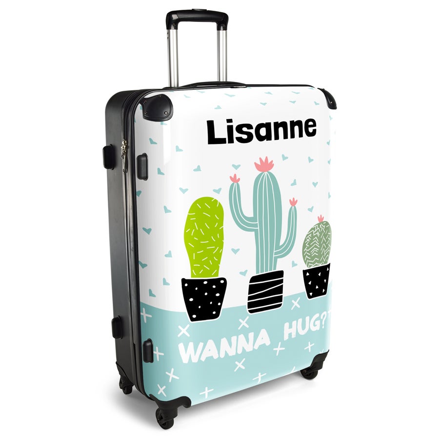 Witte Princess XXL fotokoffer met cartoon cactussen en de naam Lisanne, bedrukt met een persoonlijk ontwerp.