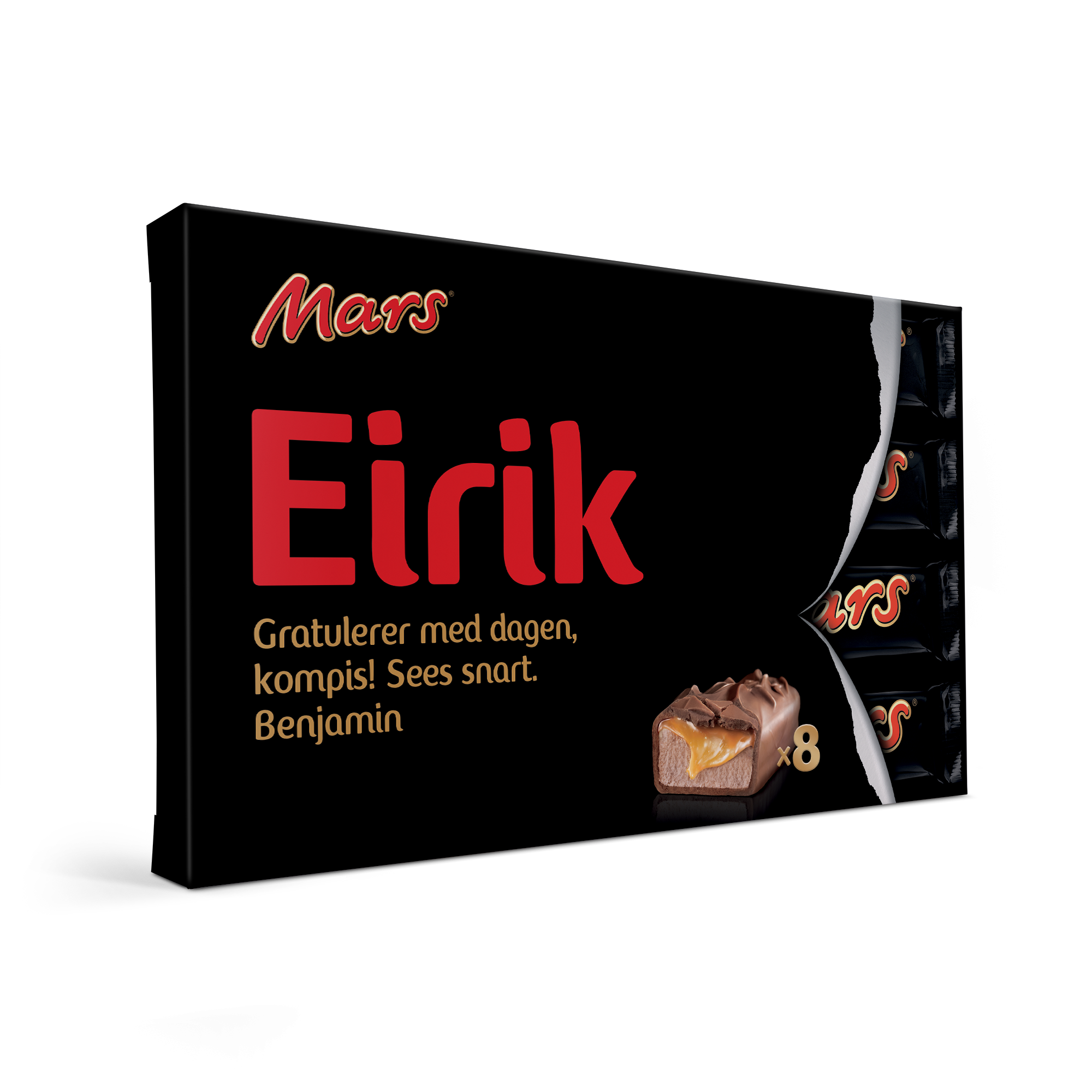 Personlig Mars gaveeske med navnet Eirik og hilsen, fylt med 8 sjokolader