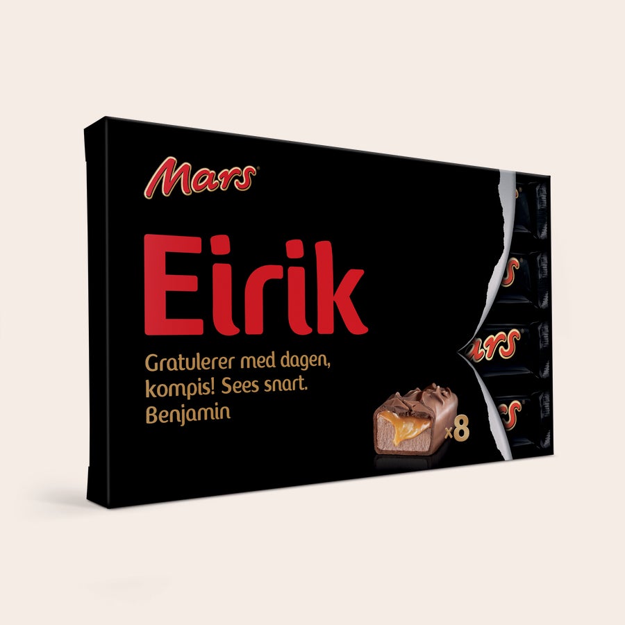 Personlig Mars gaveeske Personlig Mars gaveeske med navnet Eirik og hilsen, fylt med 8 sjokolader