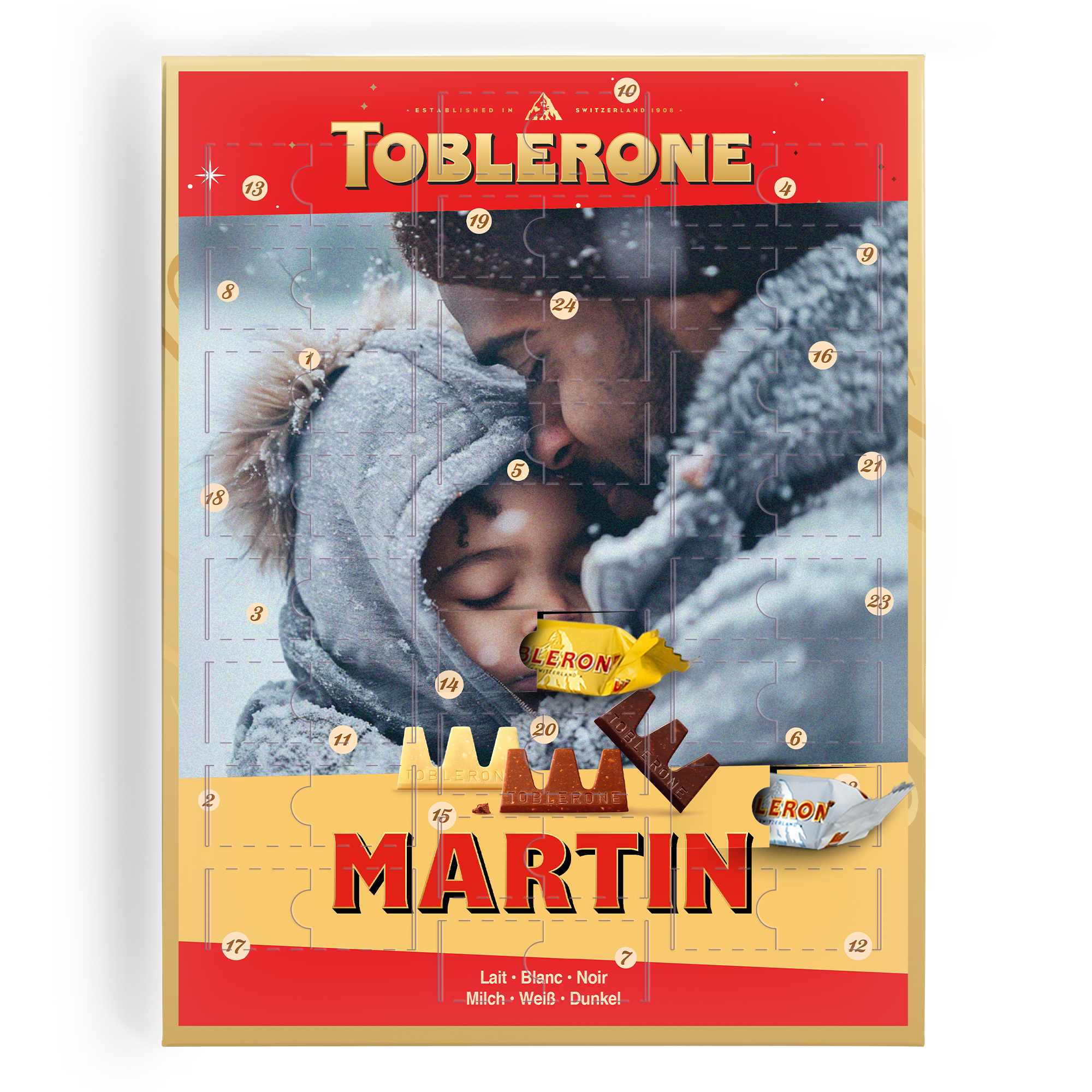 Personlig Toblerone adventskalender med bilde og navn "Martin" trykket på forsiden