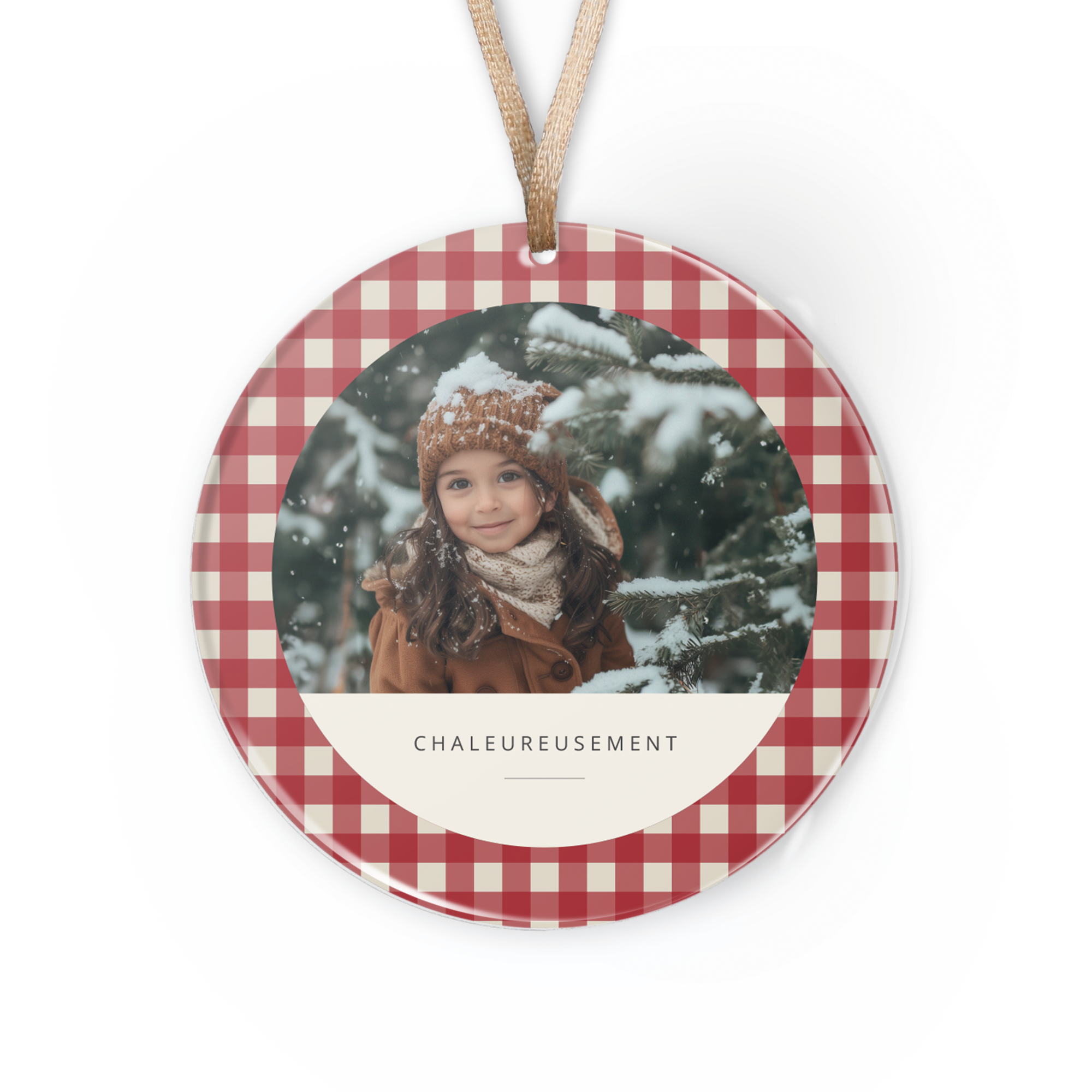 Décoration de Noël personnalisée en plexiglas avec photo d'enfant et le texte Chaleureusement, imprimée