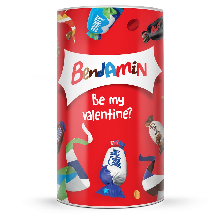 Personalised Celebrations tube Personalized Celebrations tube with the name Benjamin and the text Be my valentine, printed on a red background.