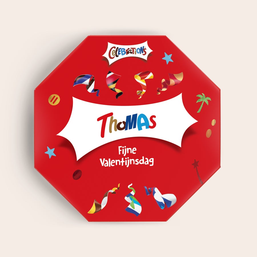 Celebrations box met naam Rode Celebrations box bedrukt met de naam Thomas en Fijne Valentijnsdag, een gepersonaliseerde Celebrations box.