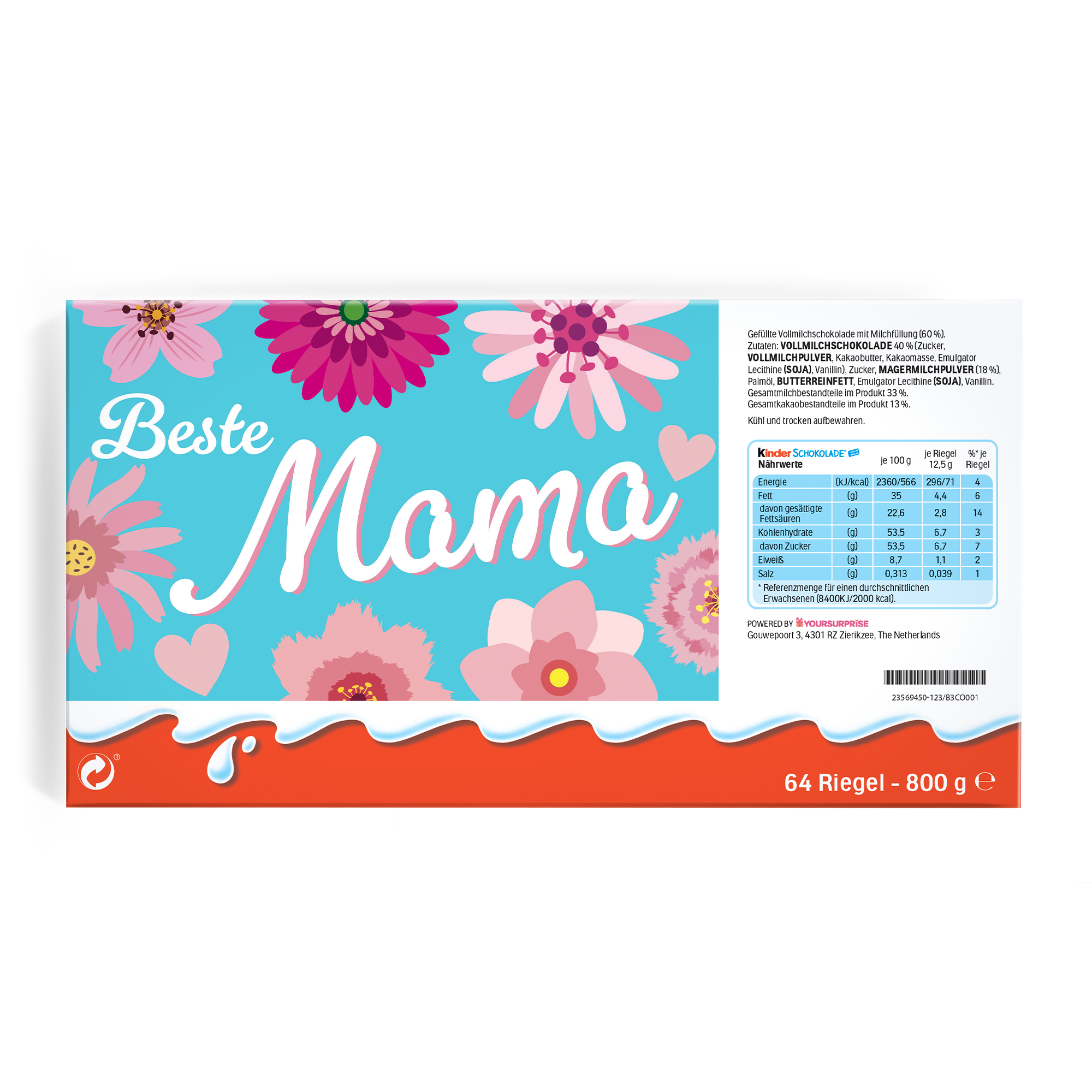 Mega Kinder Schokolade mit Namen, 800 Gramm, personalisiert mit dem Aufdruck "Beste Mama" und floralem Muster auf hellblauem Hintergrund.