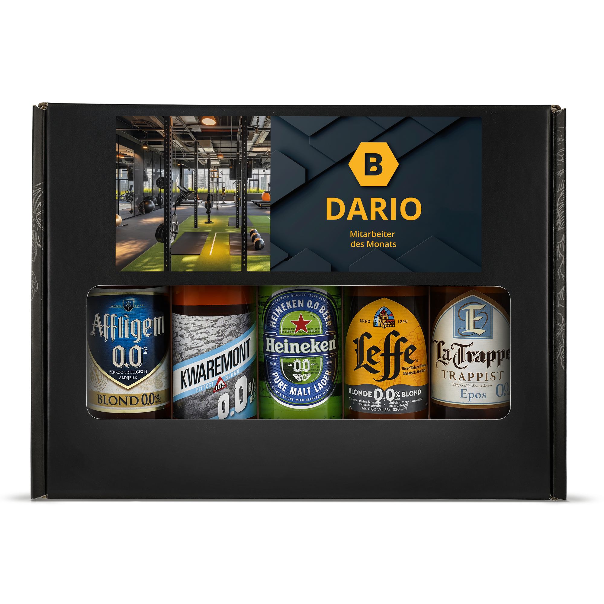 Personalisiertes Bier-Geschenkset Alkoholfrei mit eigenem Foto und Namen Dario, Mitarbeiter des Monats, gedruckt auf der Innenseite der Box.