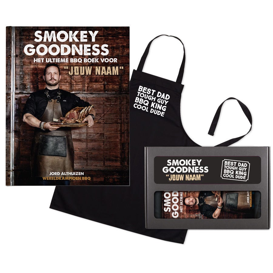 Smokey Goodness BBQ boek met naam en foto - Cadeaupakket voor papa's