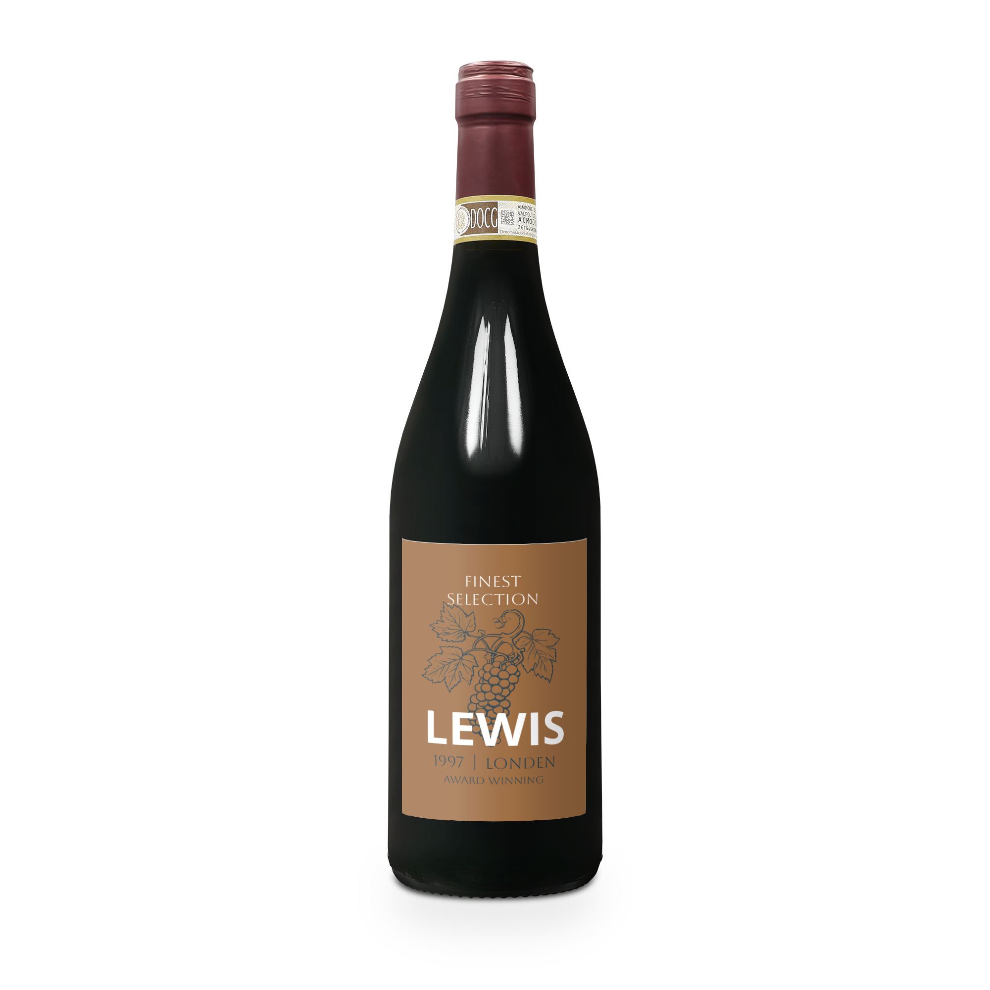 Láhev vína Farina Amarone s personalizovaným štítkem s textem Lewis a grafikou vinné révy