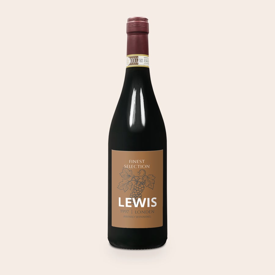 Personlaizowane wino Farina Amarone Valpolicella Zaskakujące wino Farina Amarone z etykietą ze zdjęciem Lewis, 1997, Londen, wydrukowaną z motywem winogron.