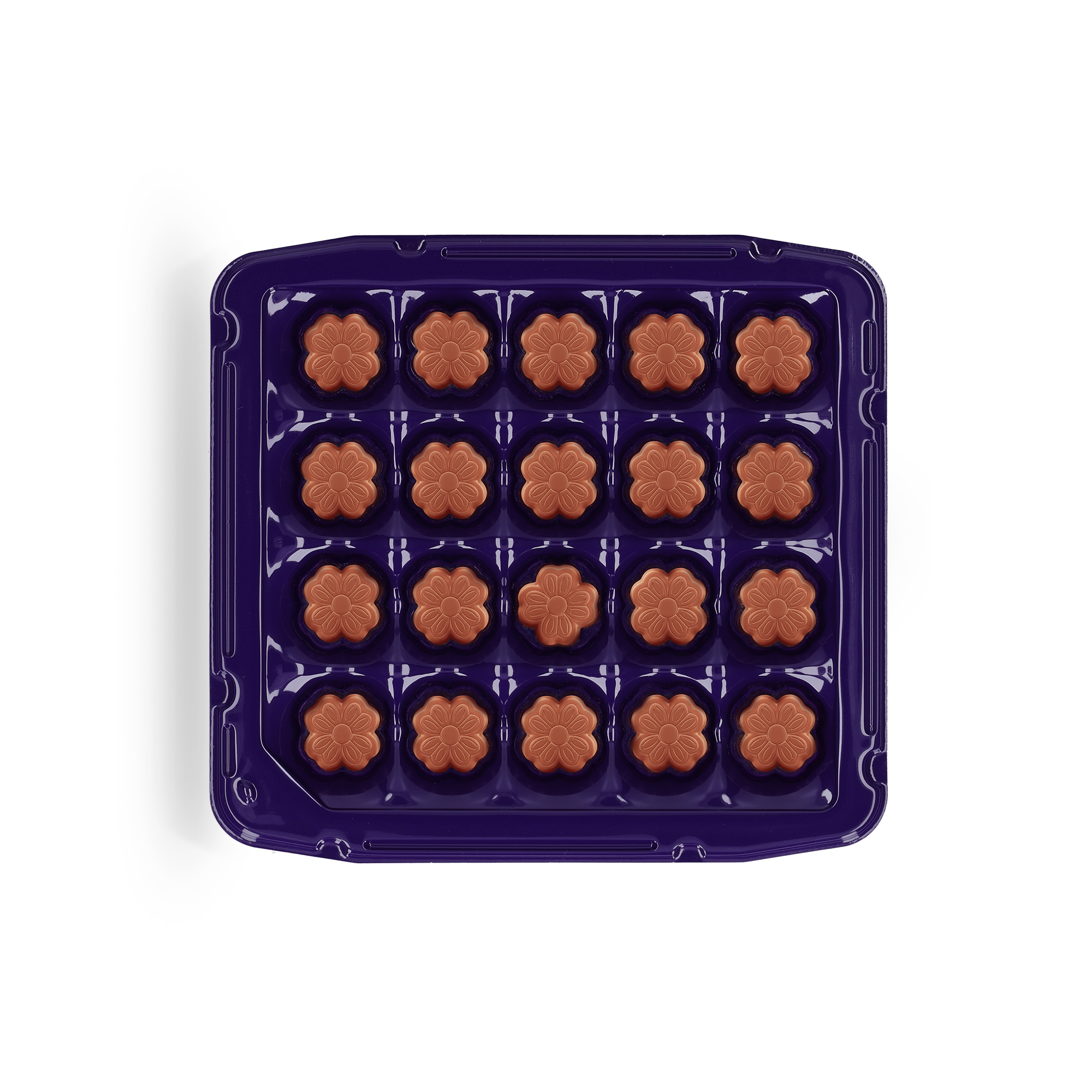 Milka chocolaatjes in bloemvorm, in een paarse plastic houder, een gepersonaliseerde Say it with Milka chocoladegeschenkdoos