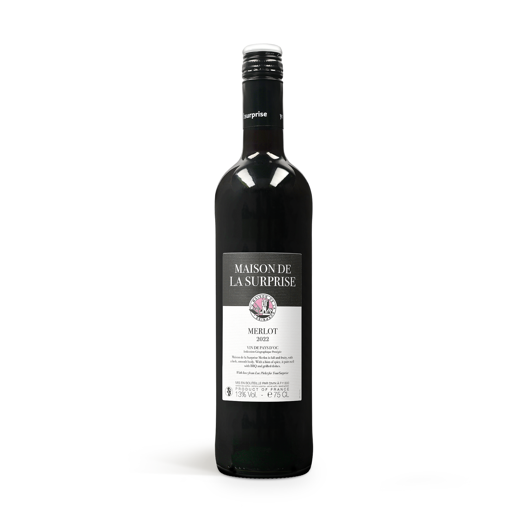 Maison de la Surprise Merlot wine bottle with a black label, perfect for surprising loved ones.
