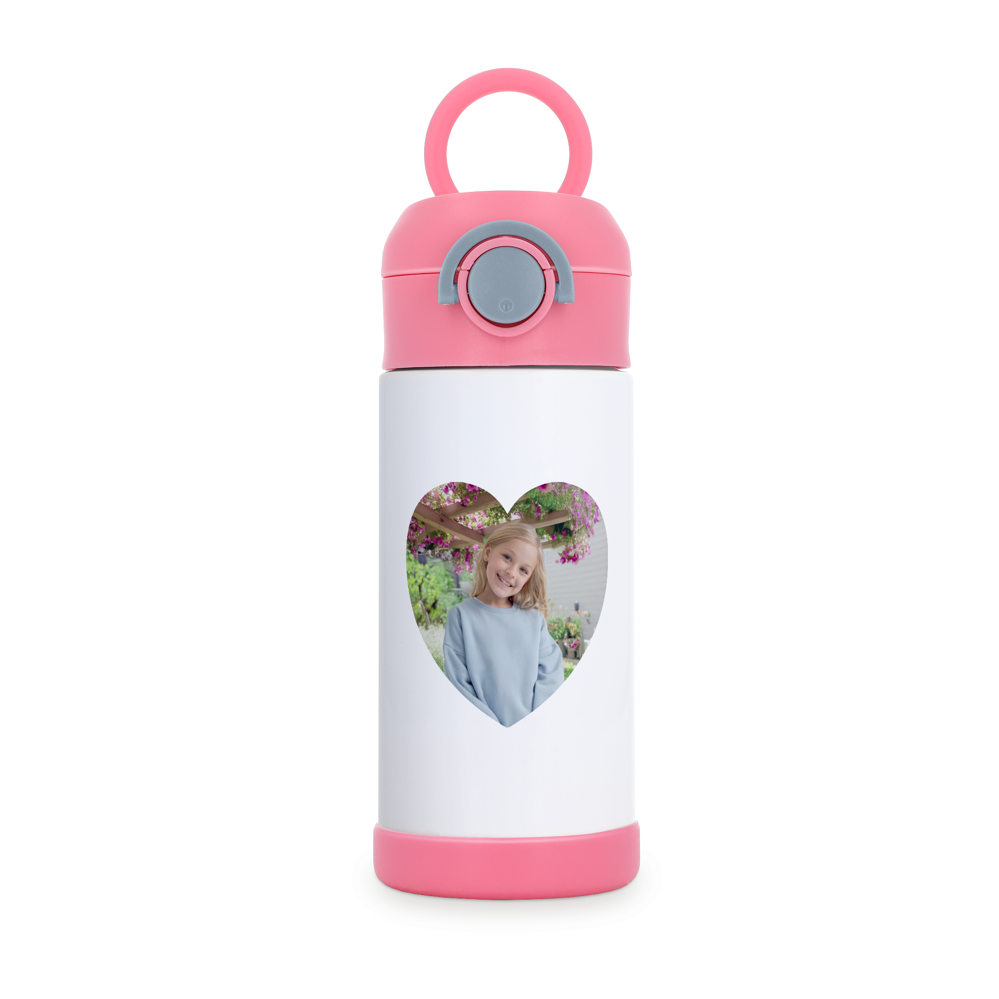 Garrafa de água de aço inoxidável personalizada para crianças, com foto de uma menina e tampa rosa