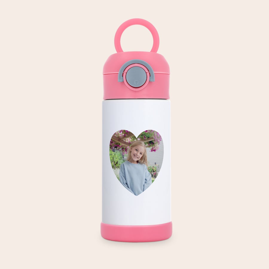Garrafa de água para crianças com fotografia Garrafa de água de aço inoxidável personalizada para crianças, com foto de uma menina e tampa rosa