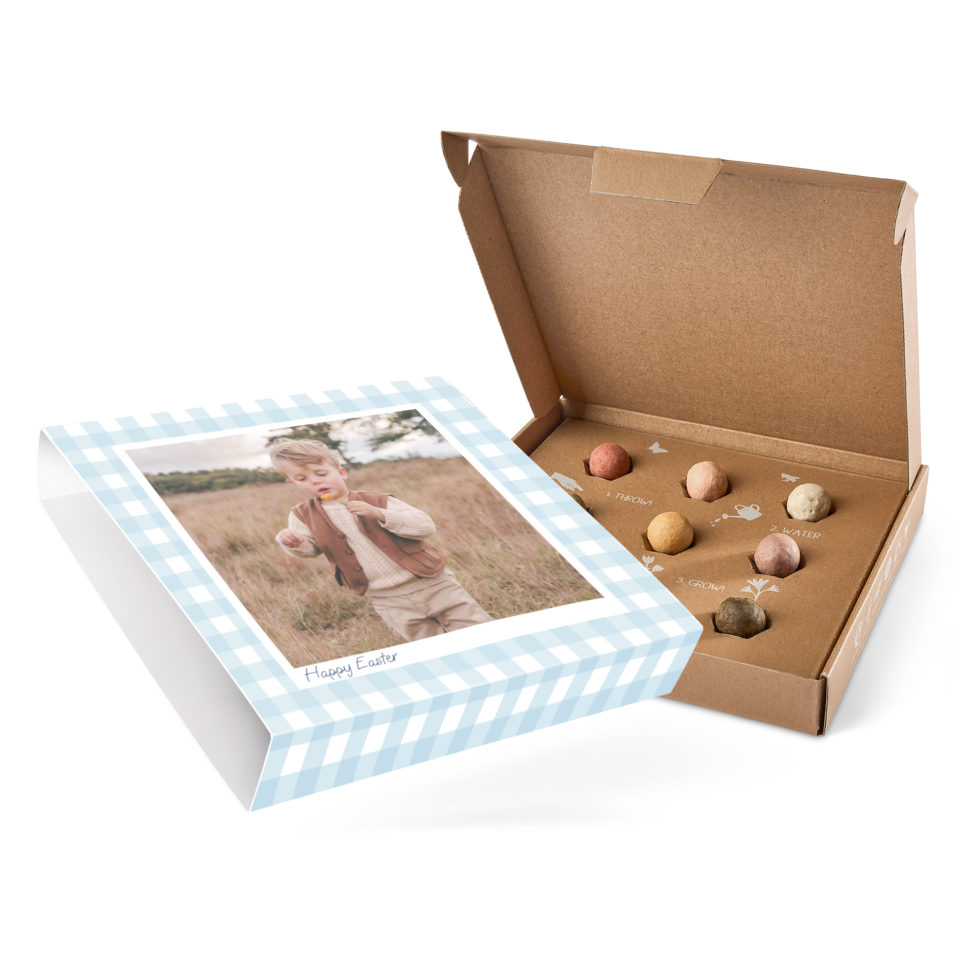 Caja personalizada con foto de niño y texto "Happy Easter", con 6 bombas de semillas de flores silvestres.
